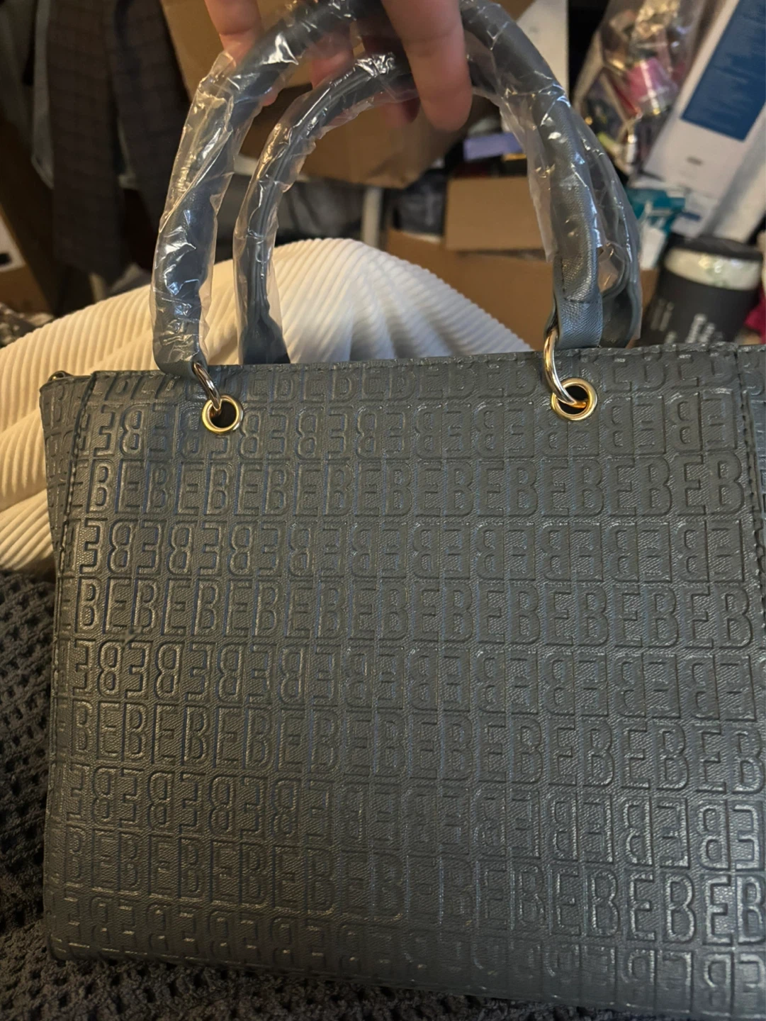 Bebe Grey Embossed Logo Tote Handbag - photo 3