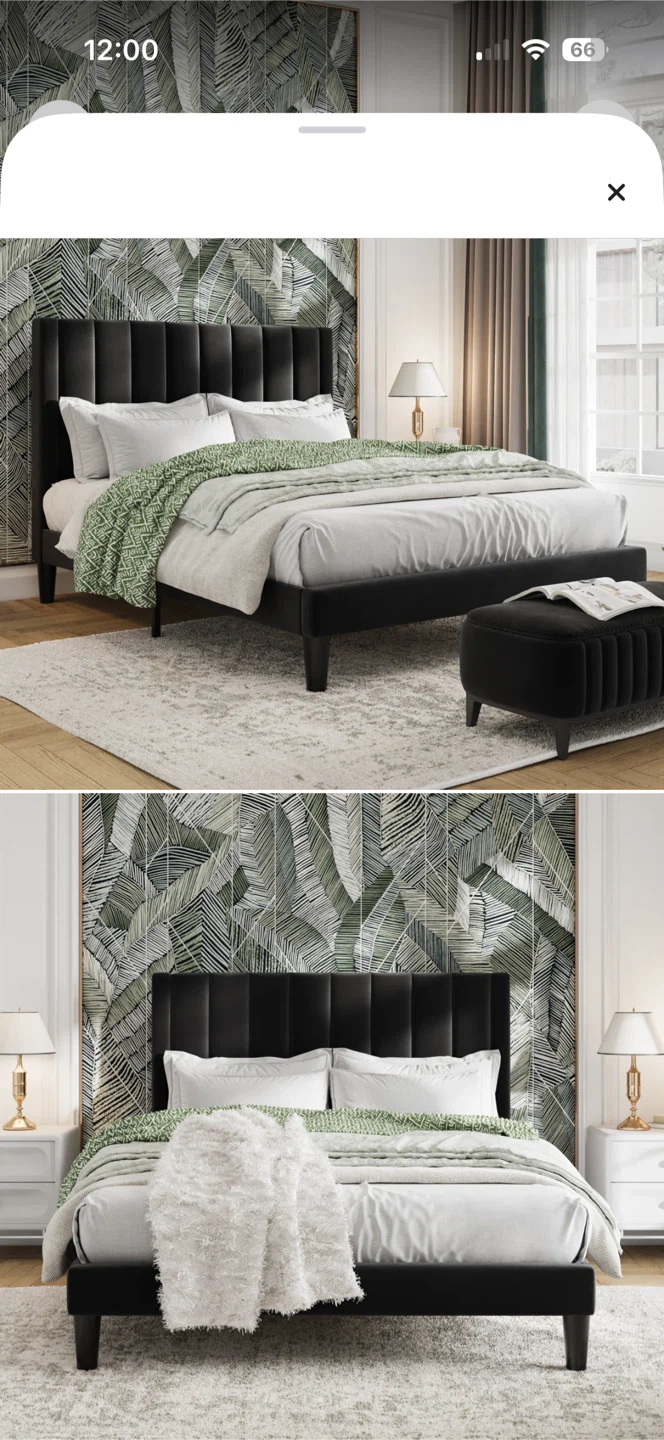 Black Velvet Upholstered Bed Frame + mattress