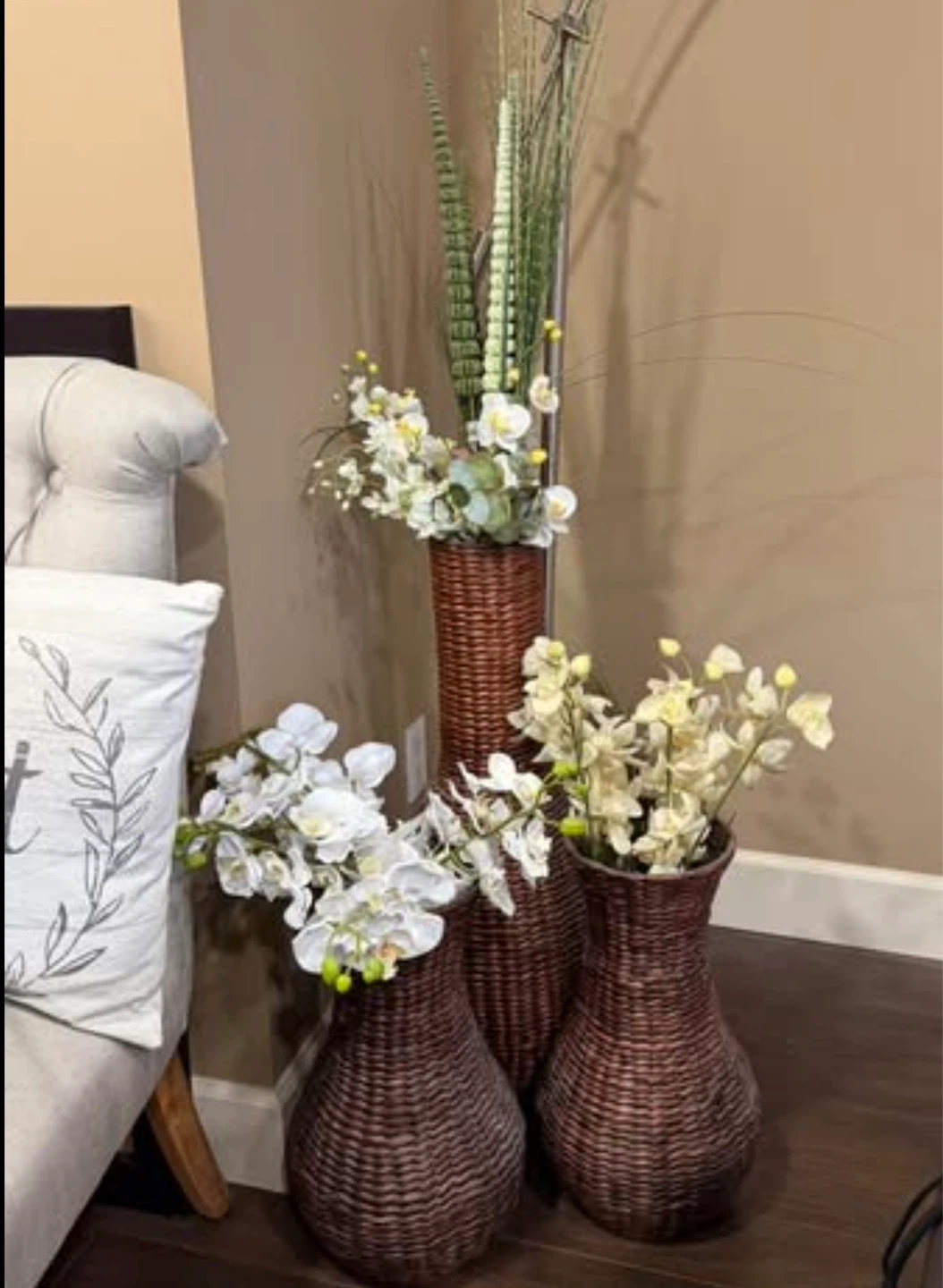 3 Brown Woven Rattan Wicker Floor Vases Orchid Flowers