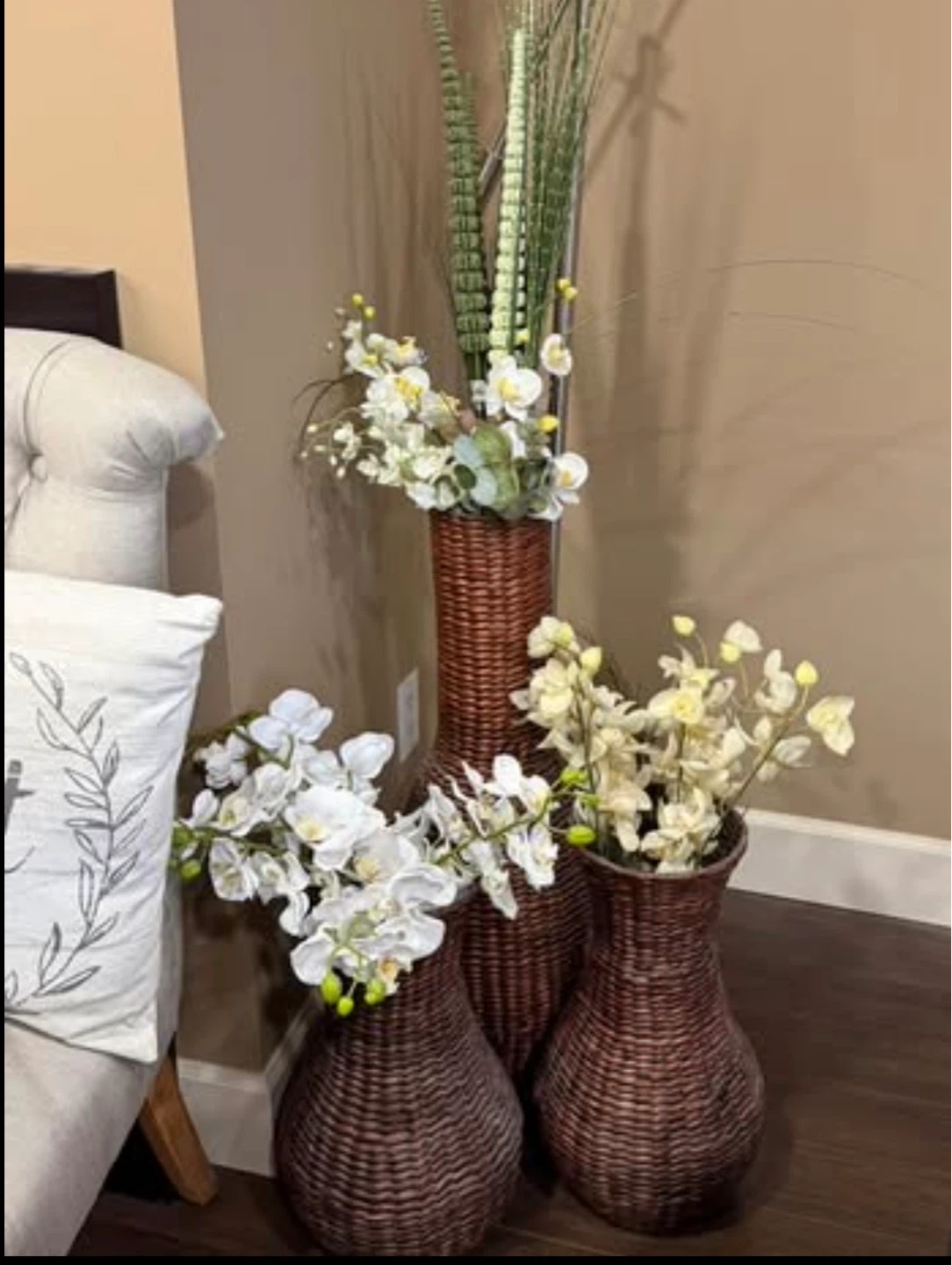 3 Brown Woven Rattan Wicker Floor Vases Orchid Flowers - photo 2