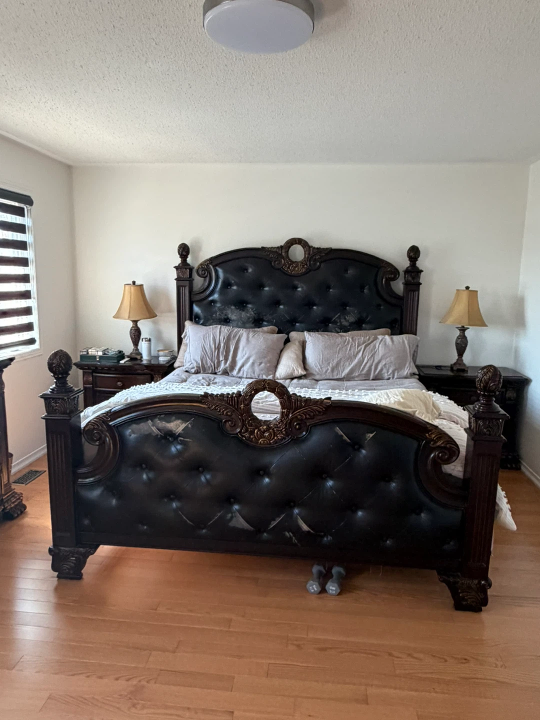 Dark Wood Bedroom Set - Bed, Dresser, Nightstand