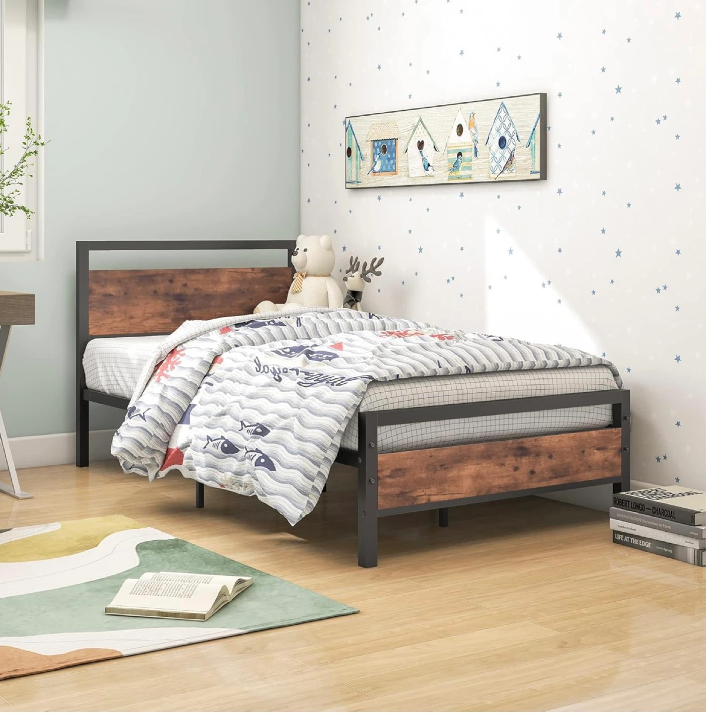 Twin Size Bed Frame with Power Outlet On The Headboard.