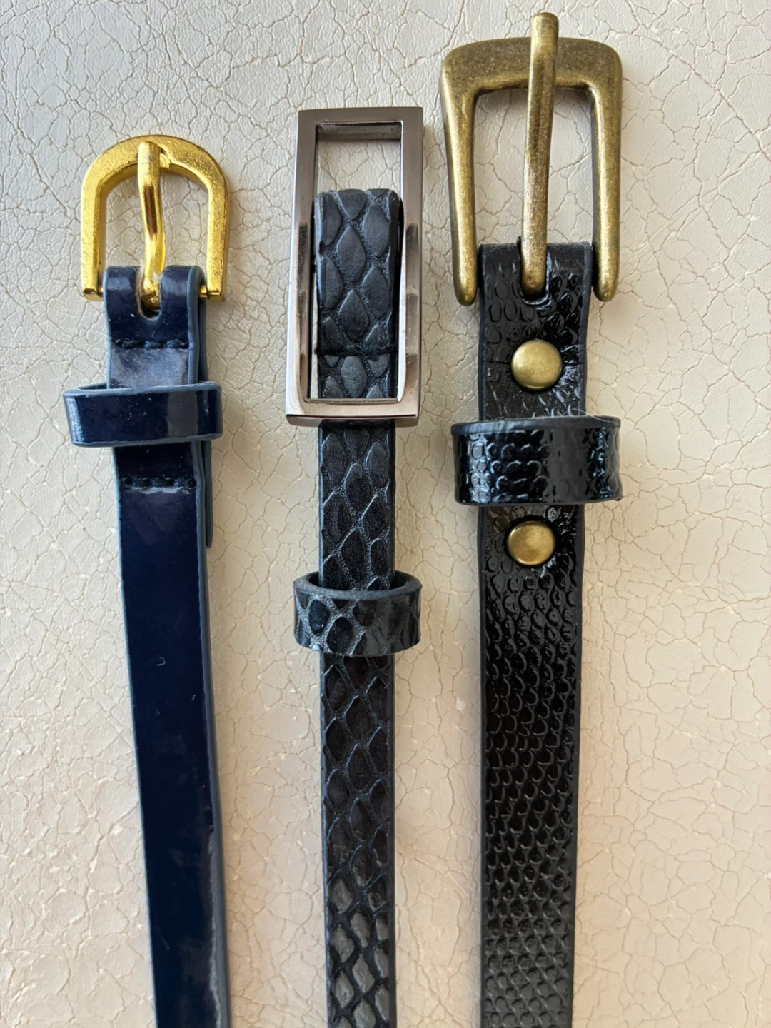 3 Skinny Belts - Navy, Black Snake, Black Patent