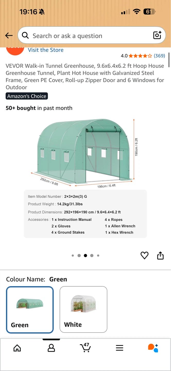 VEVOR Walk-in Tunnel Greenhouse 9.6x6.4x6.2 ft Green