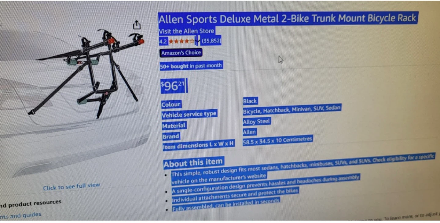 Allen Sports Deluxe Metal 2-Bike Trunk Mount Bicycle Rack - photo 3