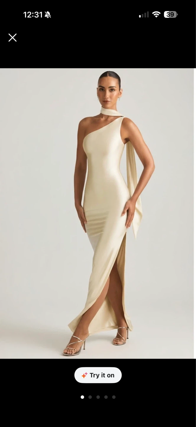 Oh Polly Asymmetric Scarf-Detail Maxi Dress in Ivory