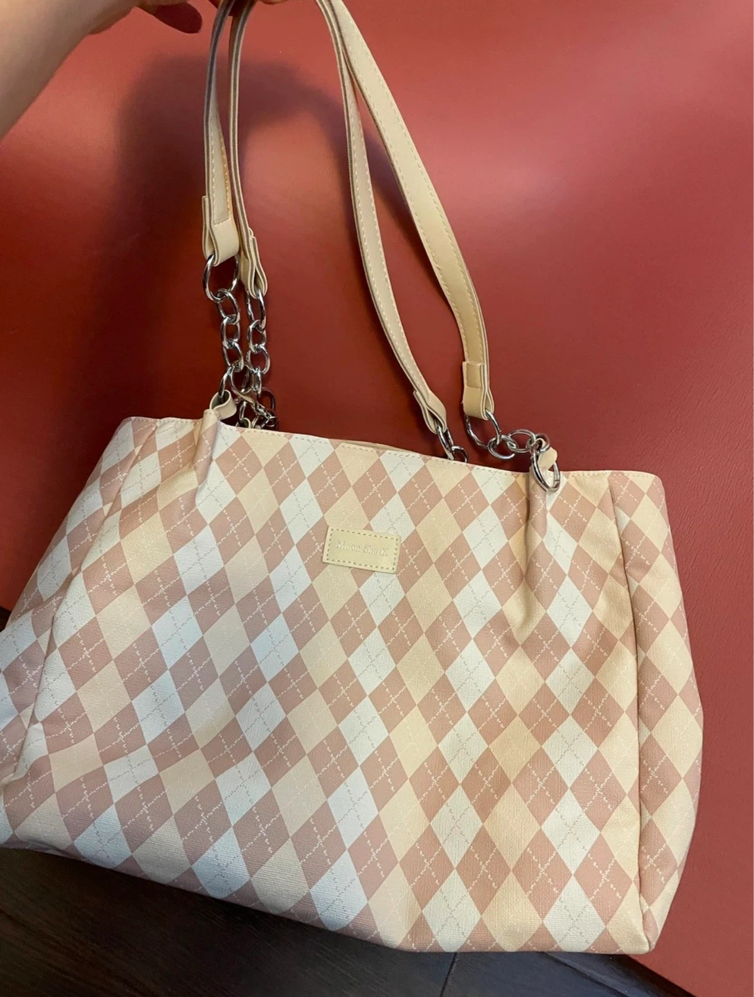 Muon Shark Argyle Tote Bag - Pink & Beige
