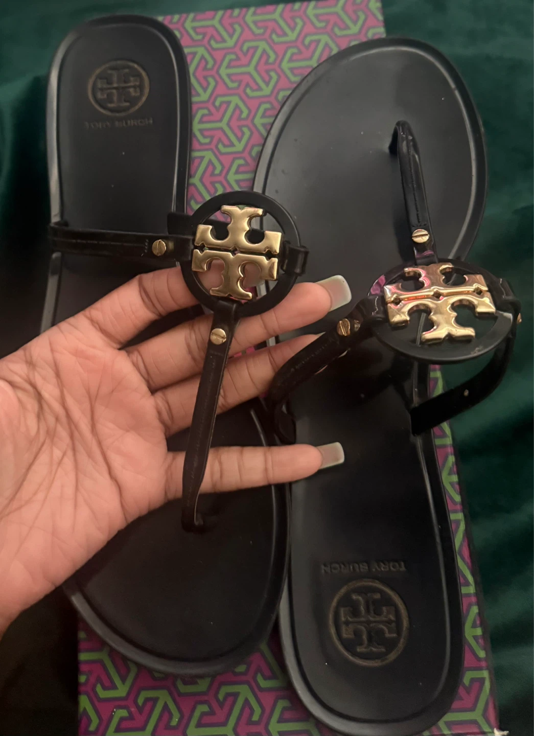 Tory Burch Black Jelly Flip Flops with Gold Logo - photo 2