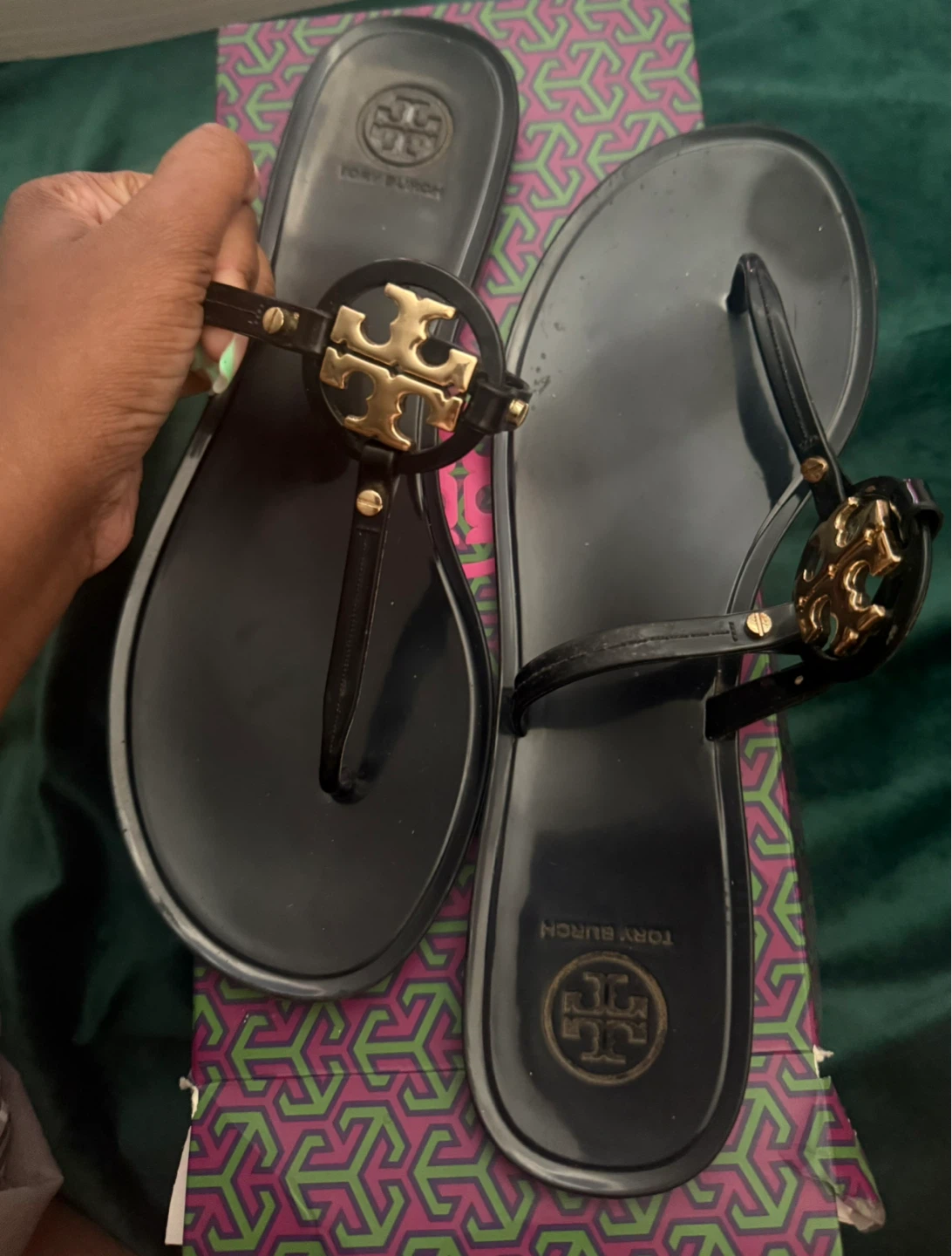 Tory Burch Black Jelly Flip Flops with Gold Logo