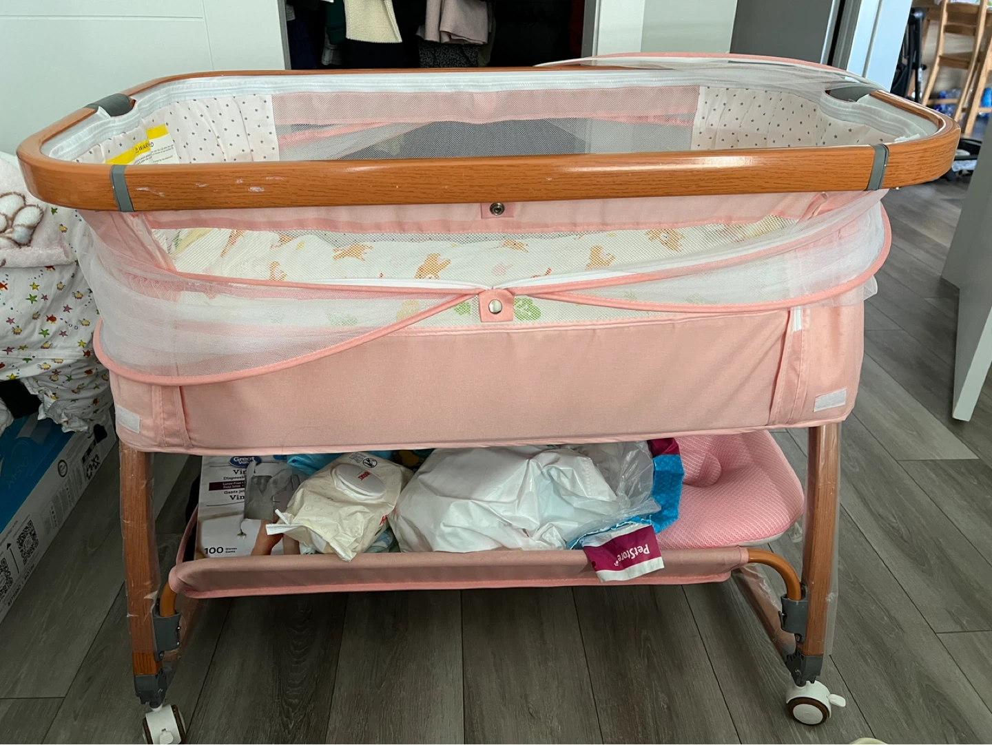 Pink Bassinet with Mosquito Net and 3 bed sheets