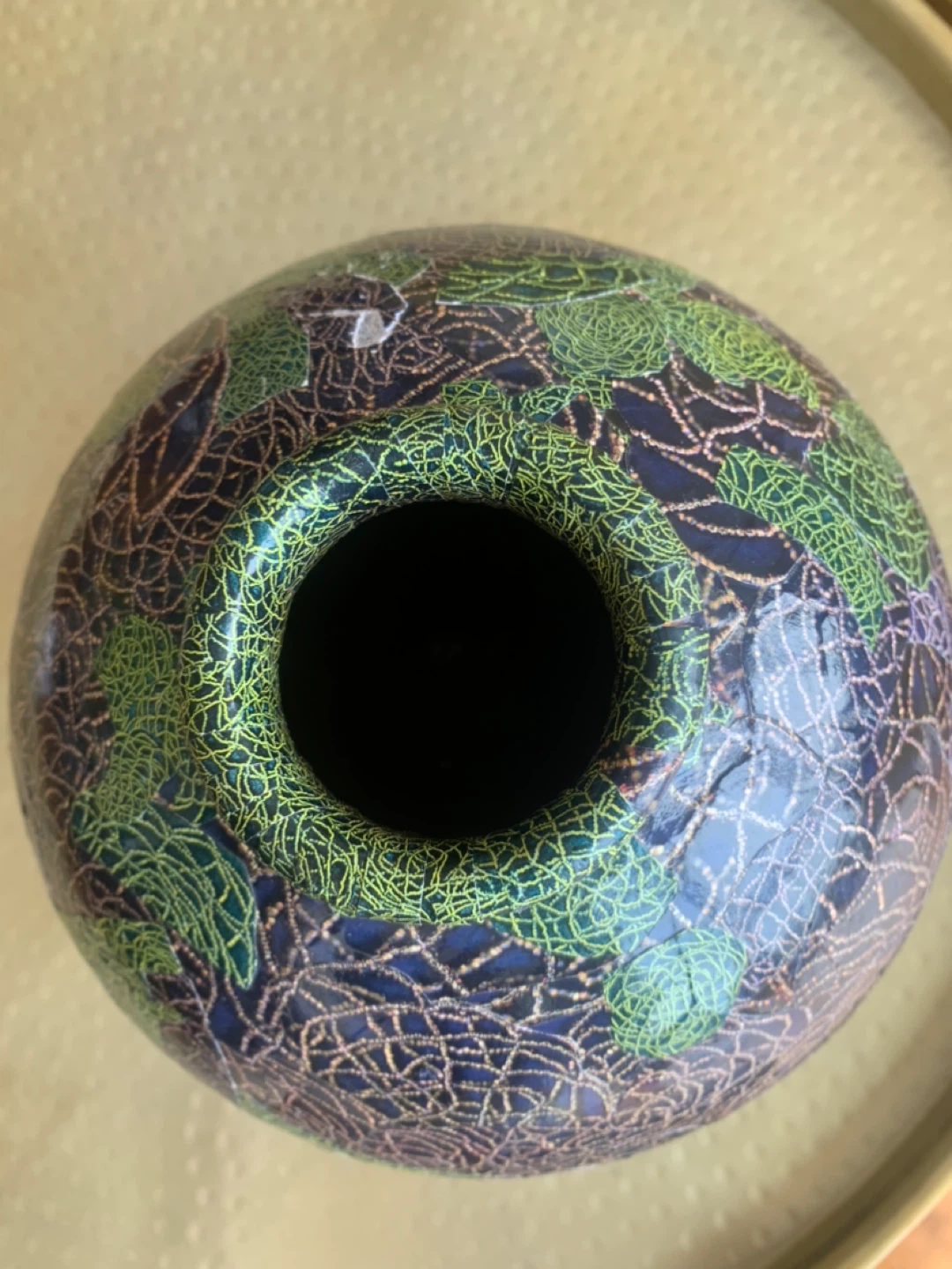 Heavy Etched Stoneware Vase - Navy & Green - photo 2