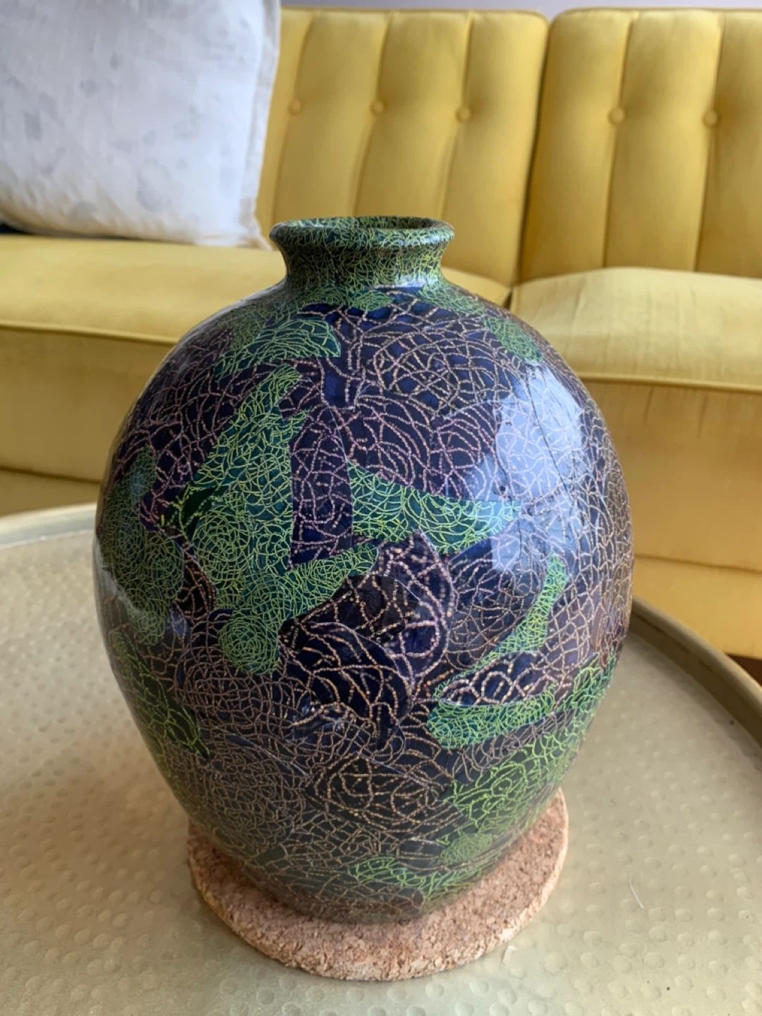 Heavy Etched Stoneware Vase - Navy & Green