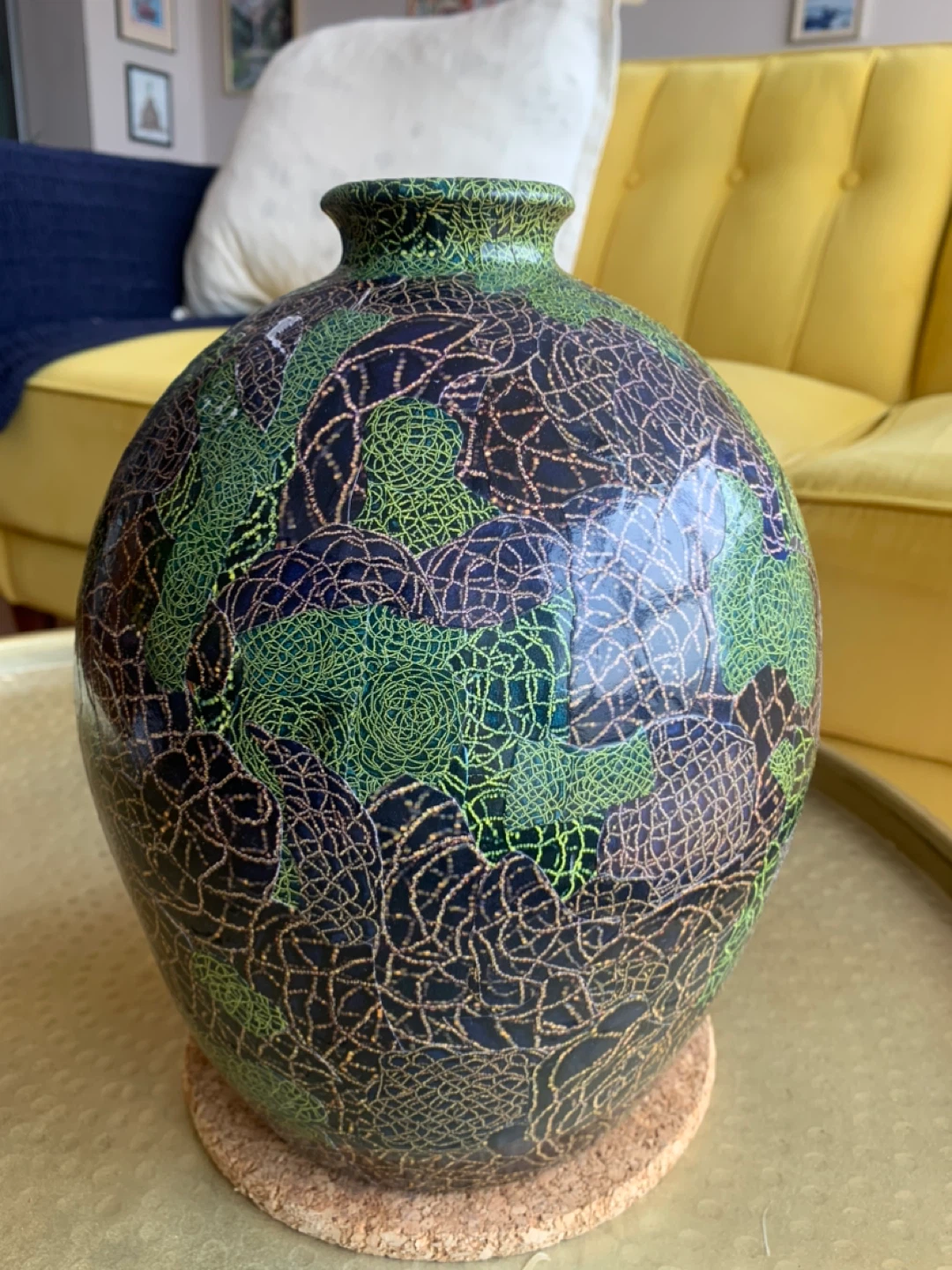 Heavy Etched Stoneware Vase - Navy & Green - photo 3