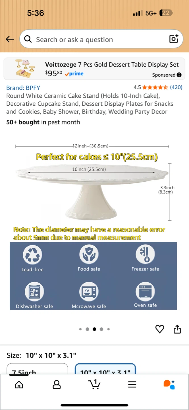 BPFY 10-Inch Round White Ceramic Cake Stand - photo 5