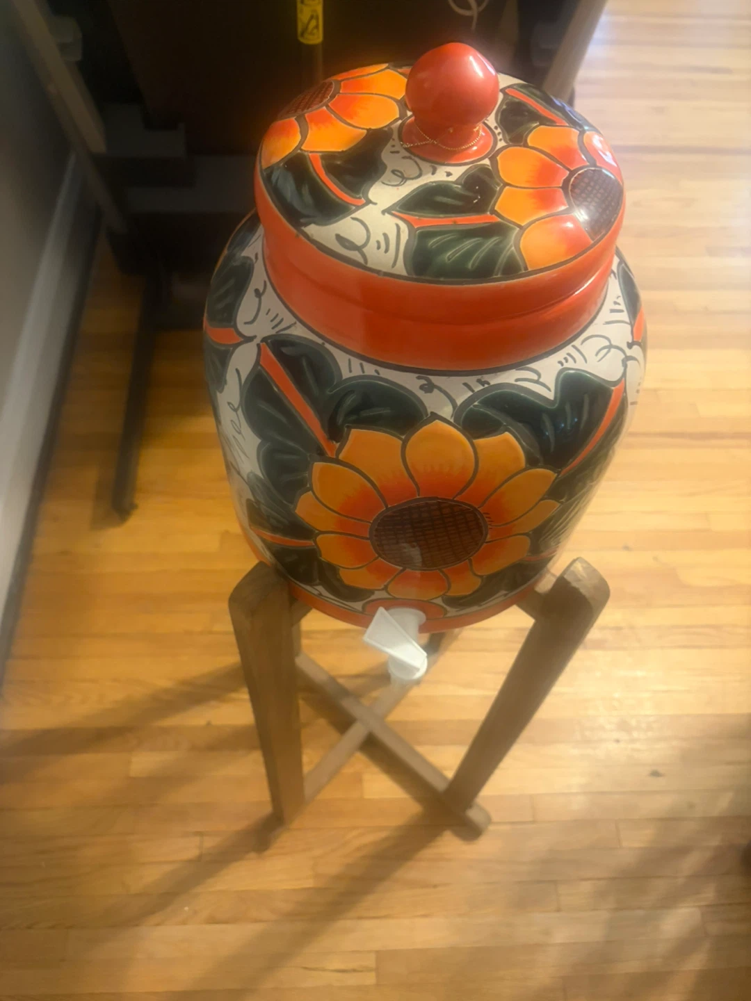 Hand-Painted Ceramic Drink Dispenser with Wooden Stand - photo 2