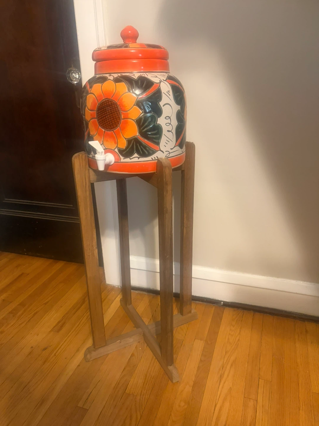 Hand-Painted Ceramic Drink Dispenser with Wooden Stand