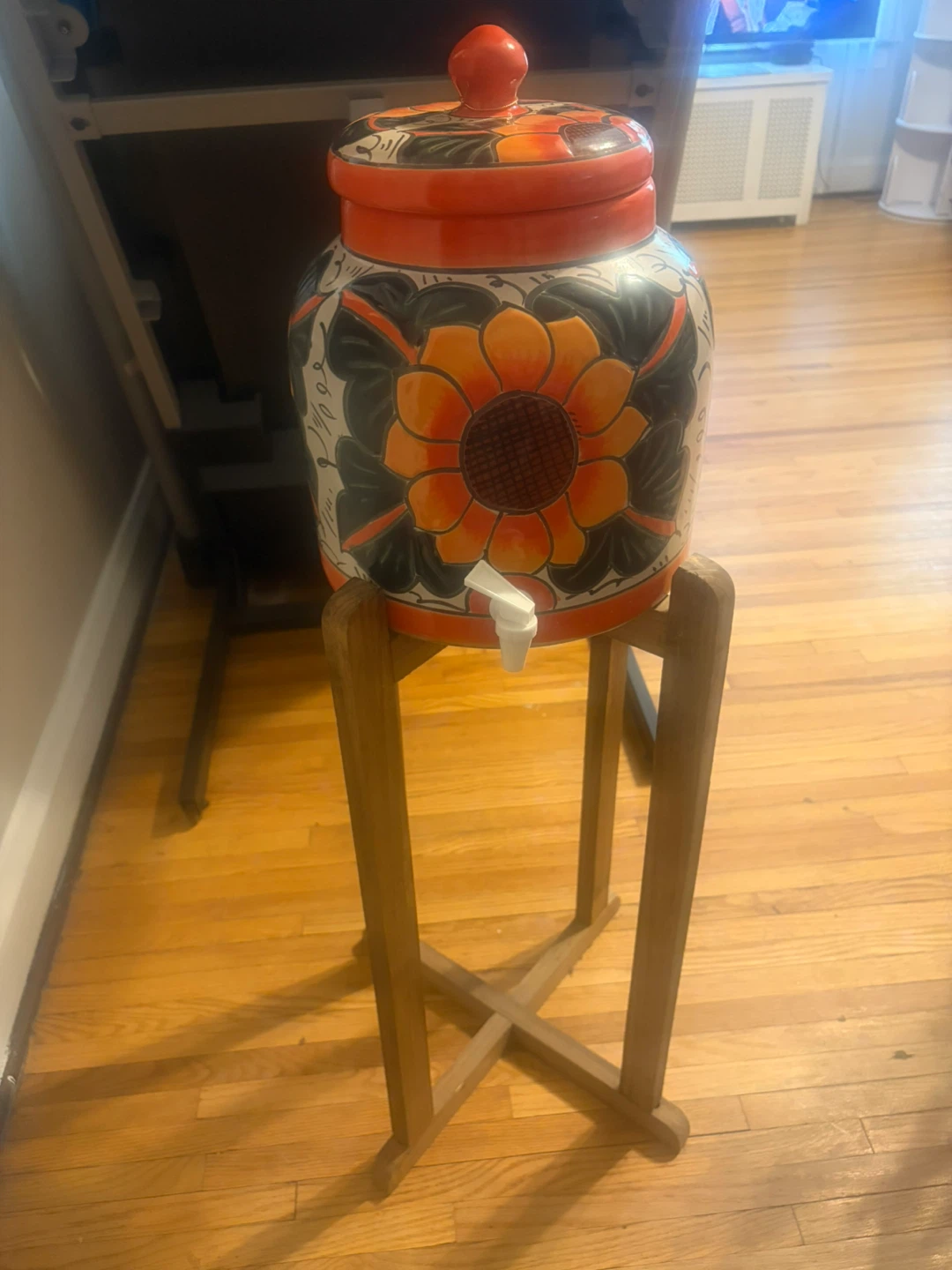 Hand-Painted Ceramic Drink Dispenser with Wooden Stand - photo 3
