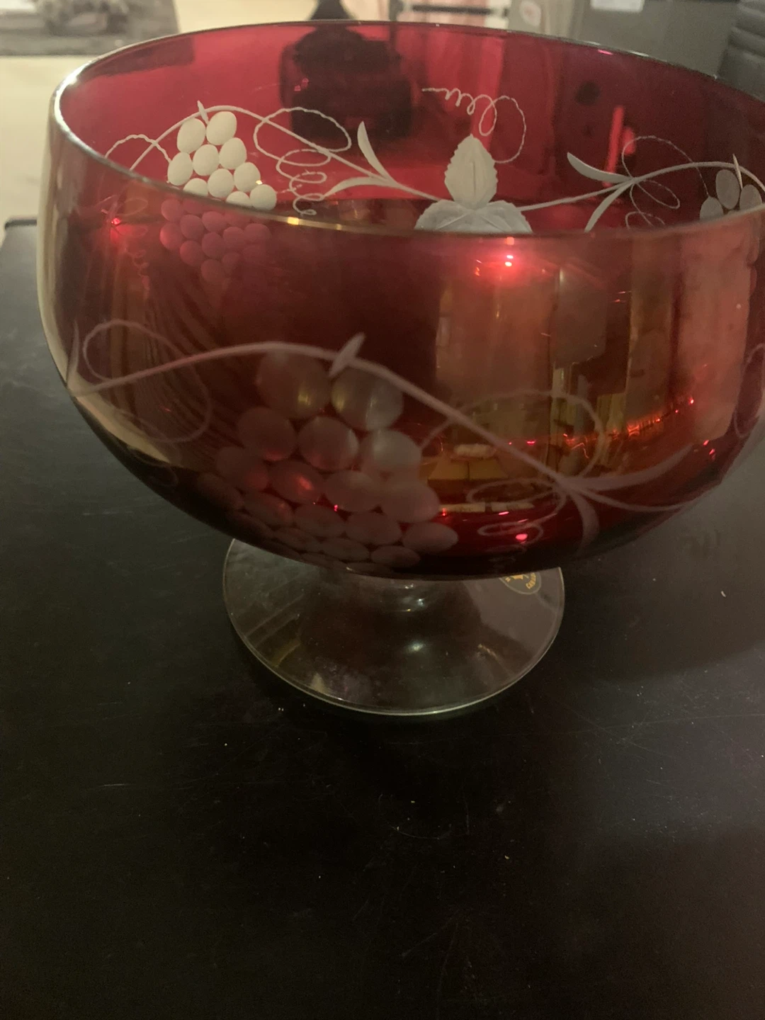Ruby Glass Punch Bowl with Grape Etching