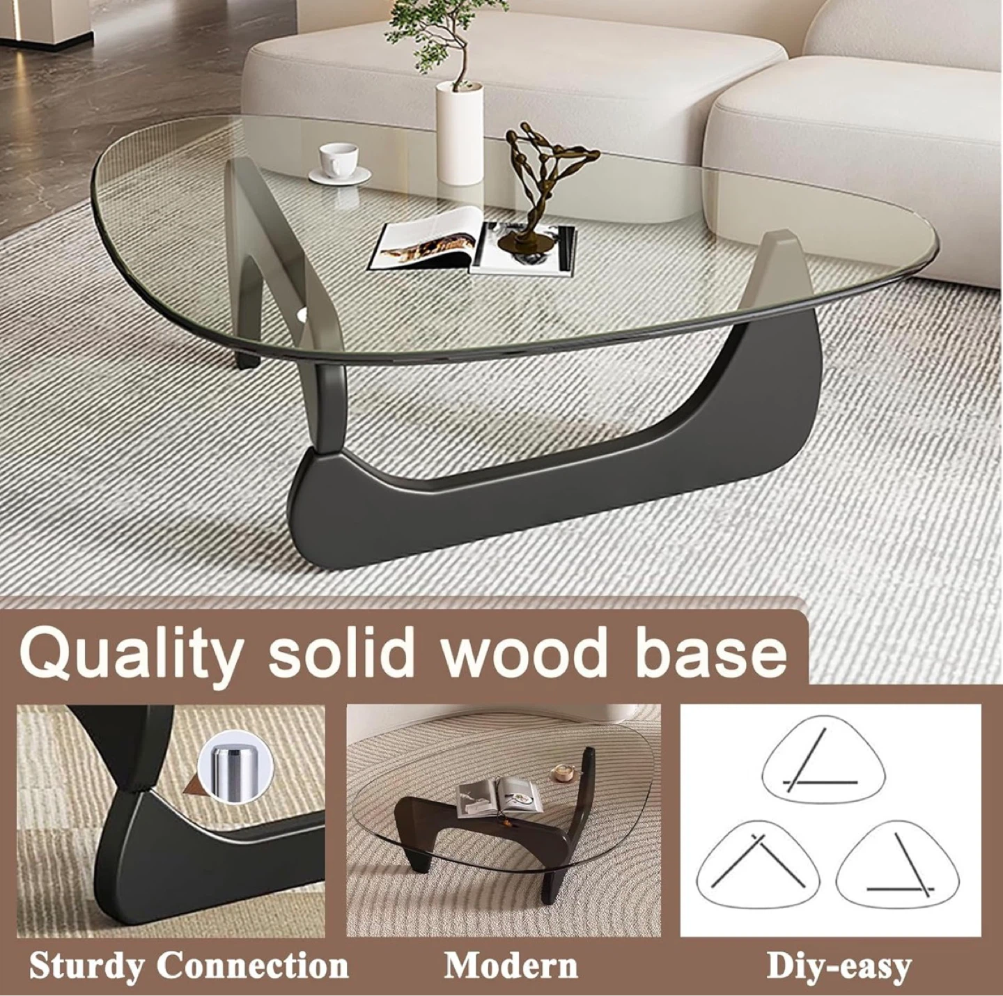 Noguchi styled Glass Coffee Table with Solid Oak Legs
