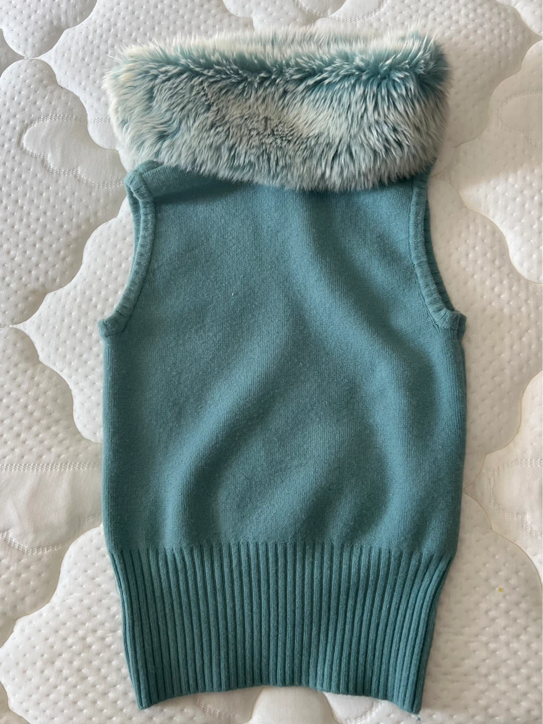 Women's Teal Faux Fur Collar Sleeveless Sweater