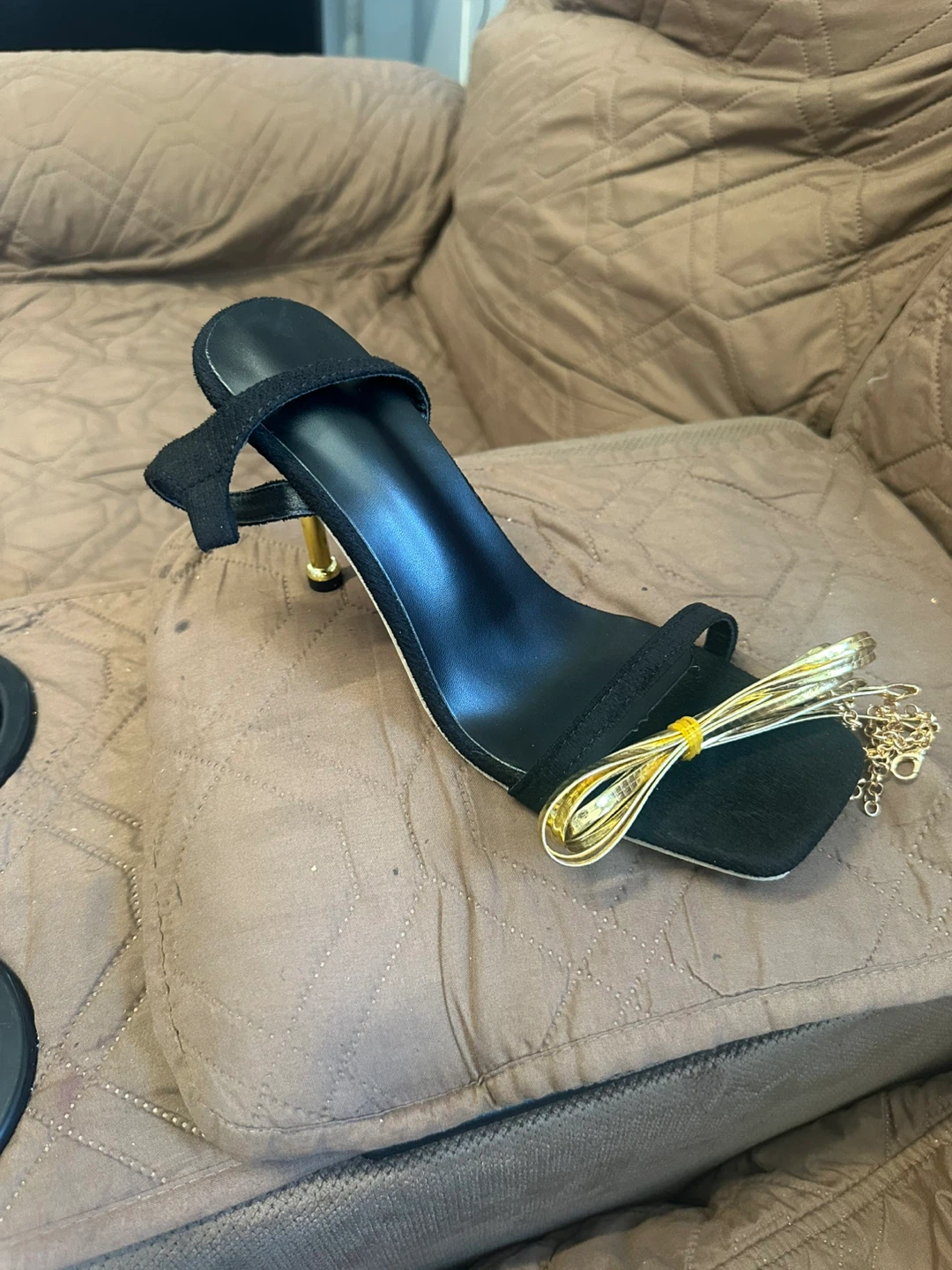 MICAS Black Suede Strappy Heels with Gold Chain Detail - photo 2