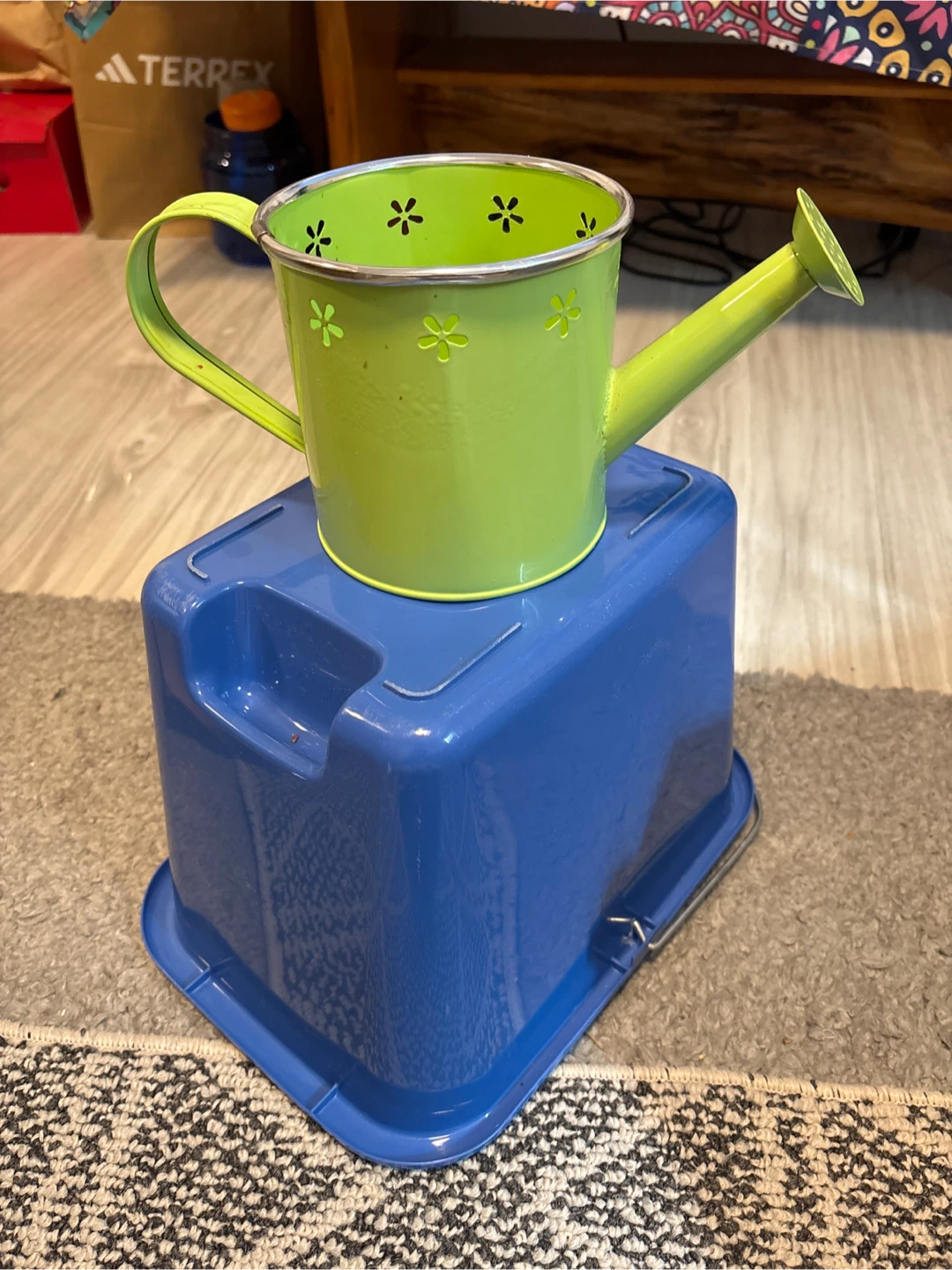 Lime Green Metal Watering Can with Flower Pattern