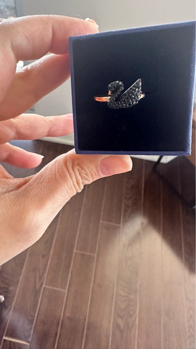 Swarovski Swan Ring - Black Jet/Rose Gold - Size 52