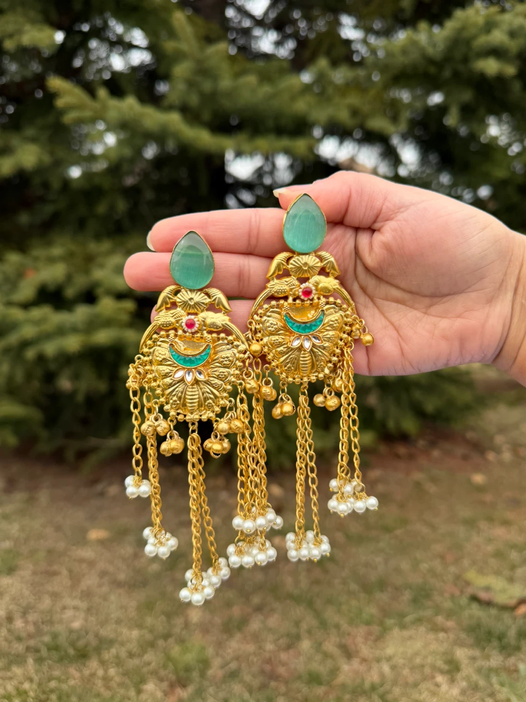 Kashmiri Gold Tassel Earrings with Green Stone Accent - photo 2