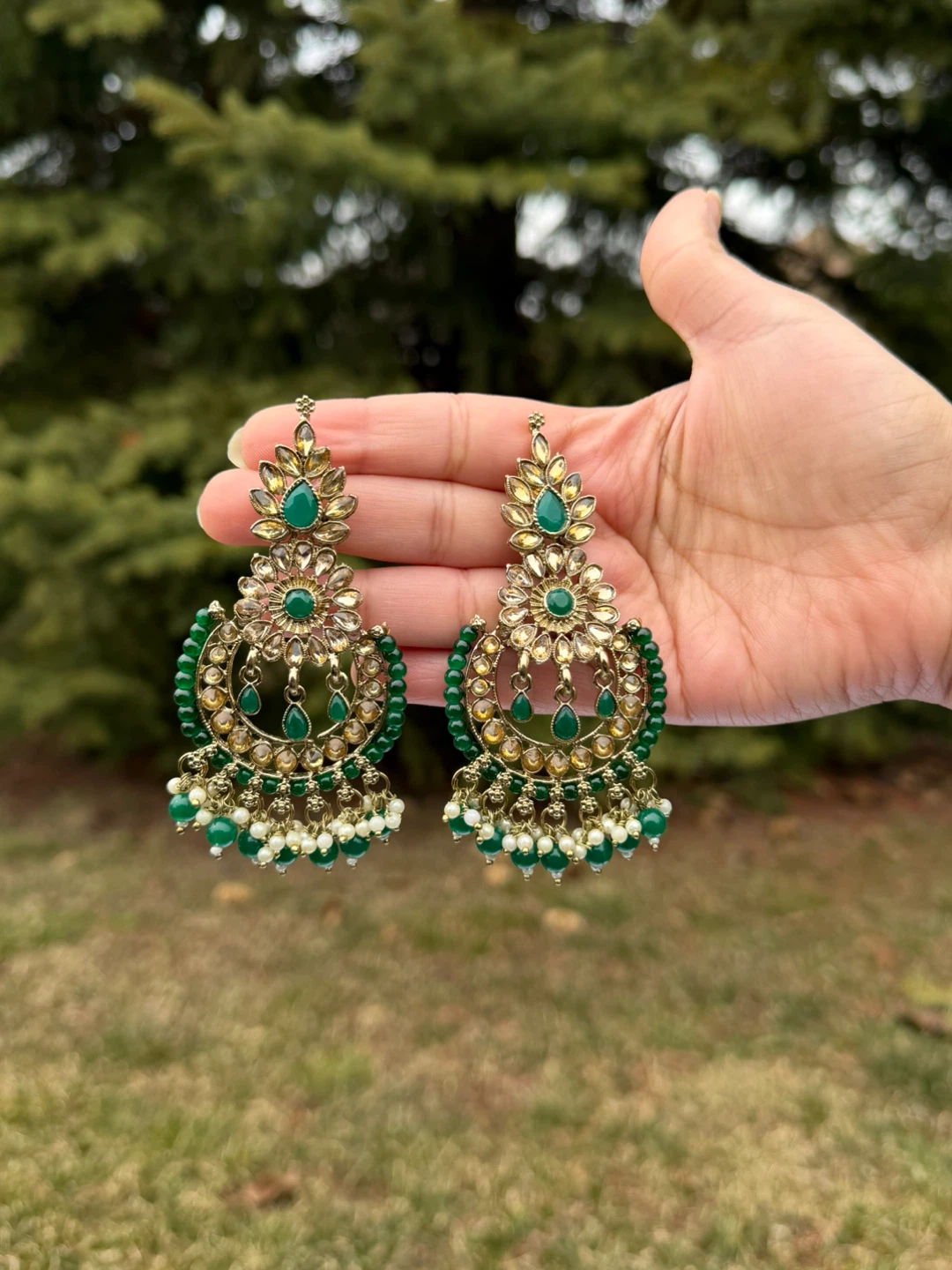 Earrings & Tikka Set - Green & Gold - photo 3