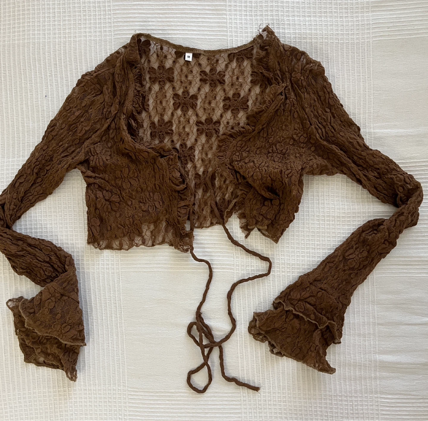 Brown Textured Lace Cropped Cardigan