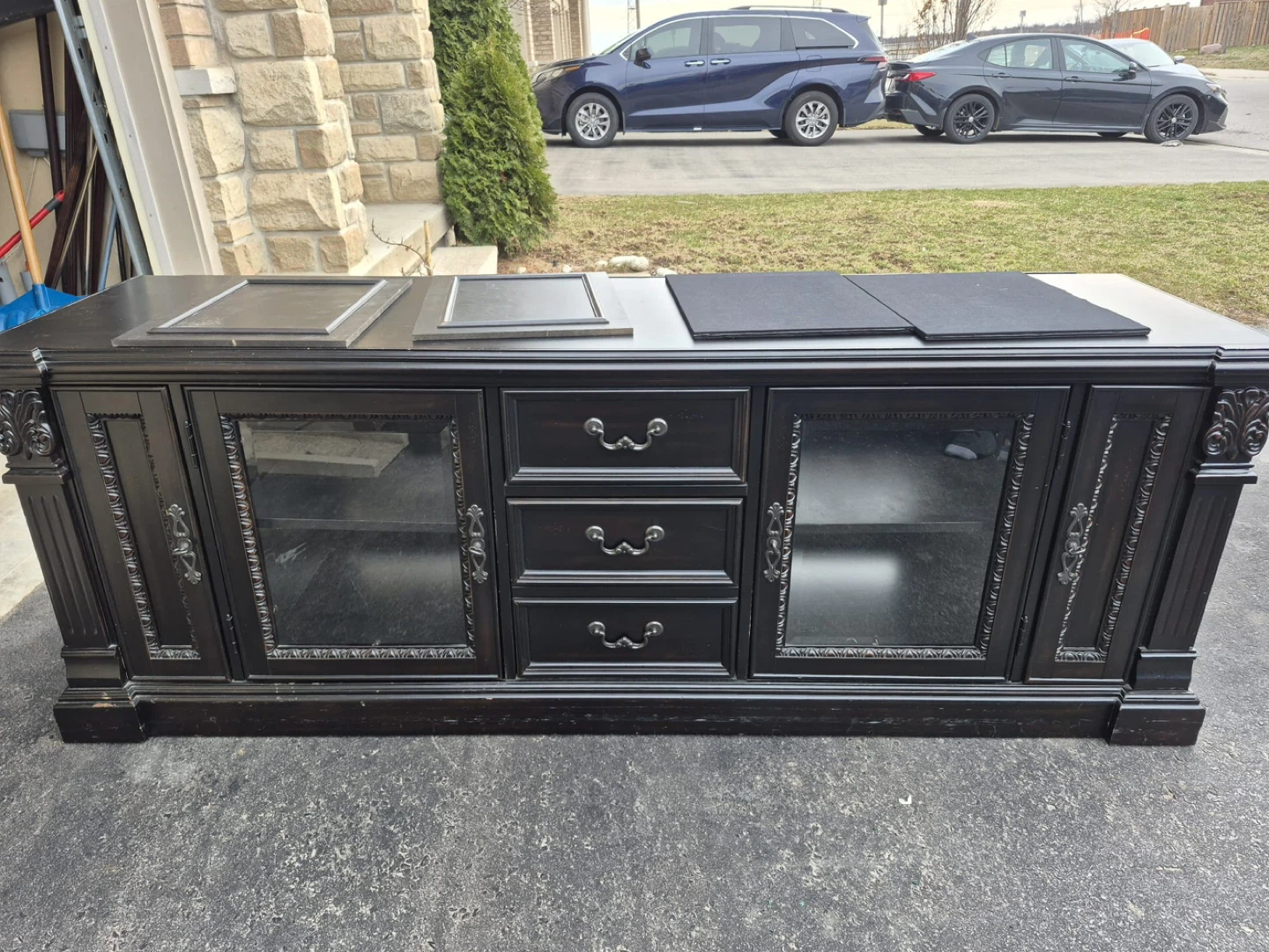 Black Media Console with Glass Doors and Drawers