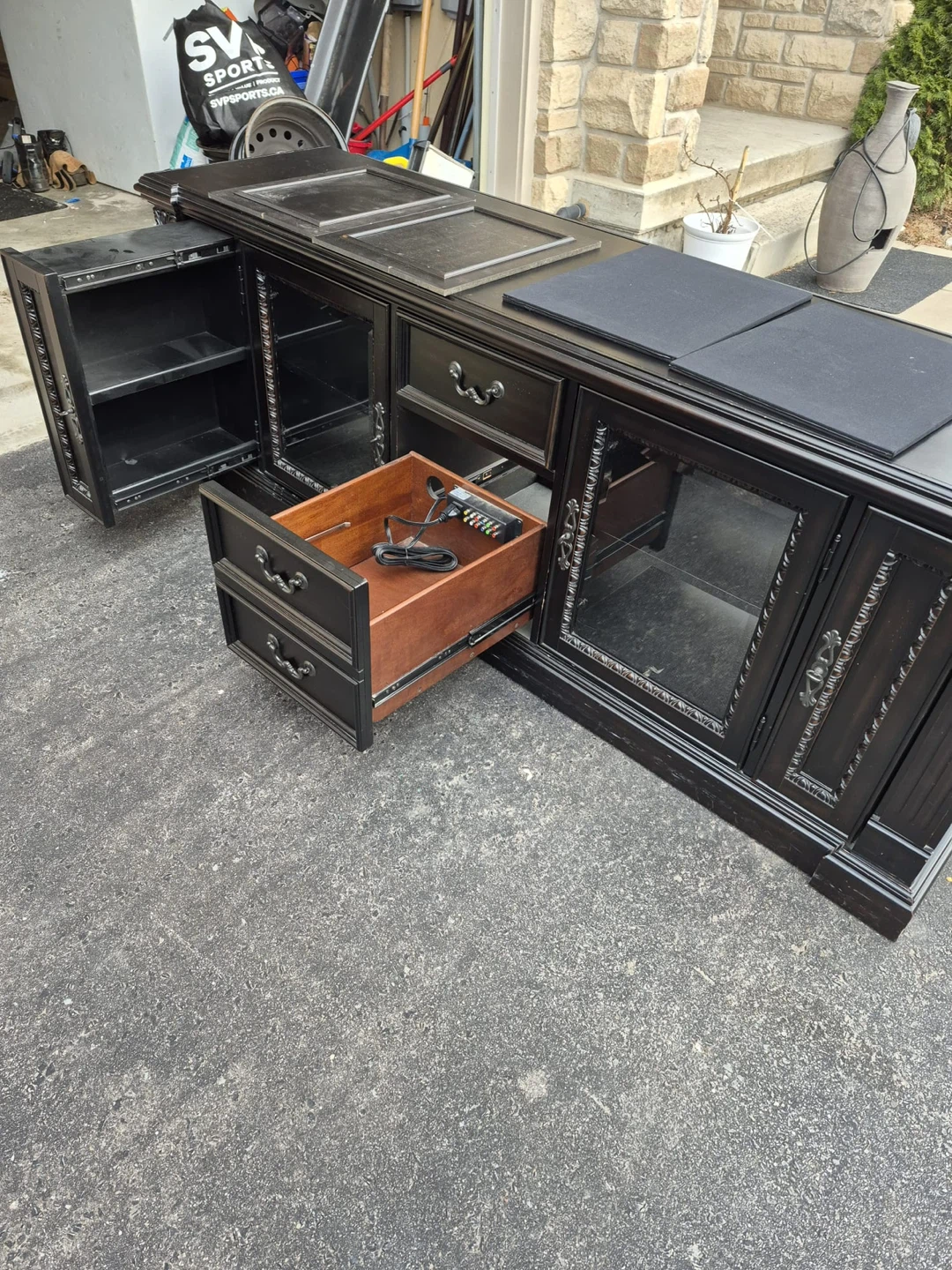 Black Media Console with Glass Doors and Drawers - photo 2