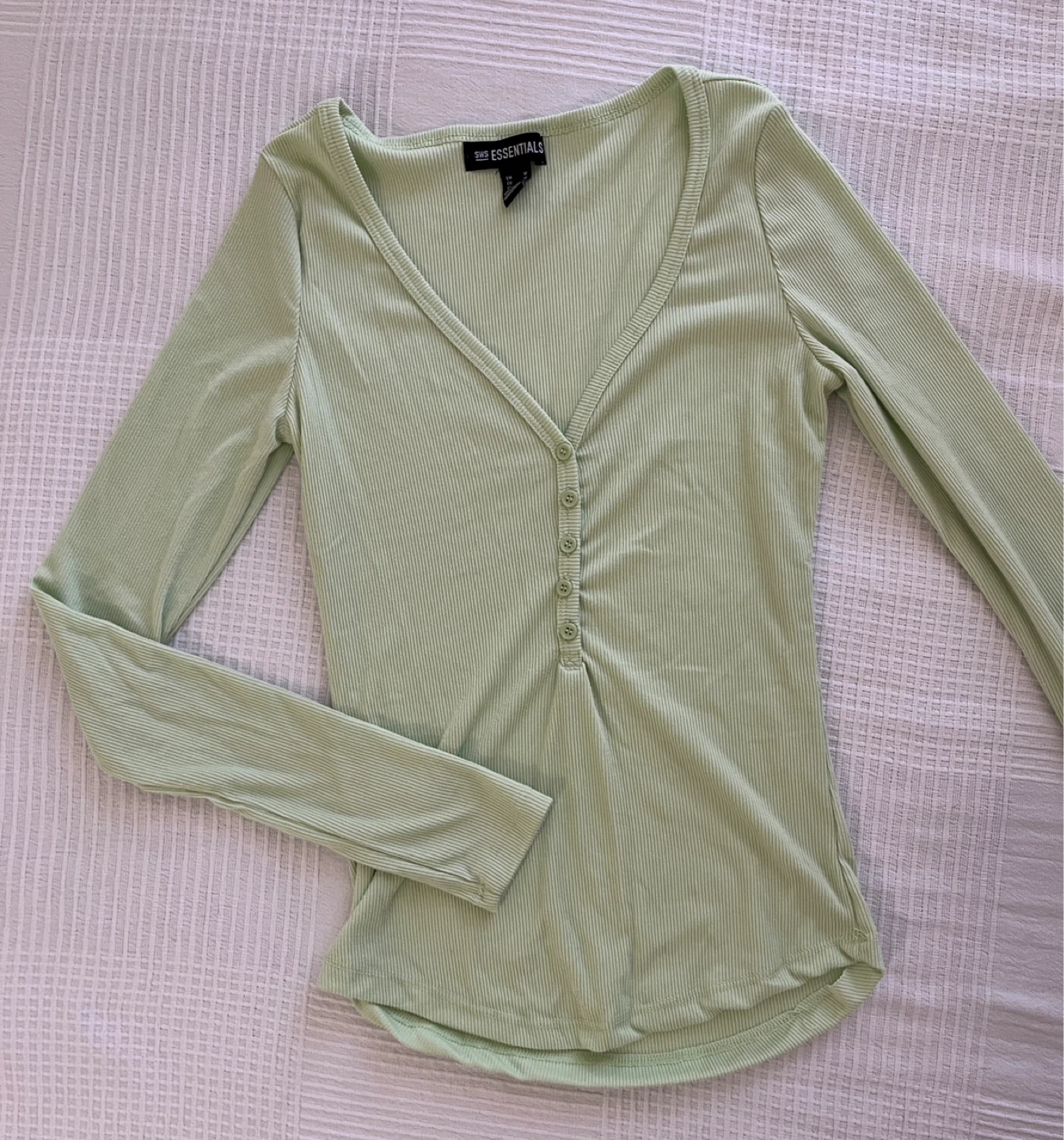 SOS Essentials Ribbed Henley Long Sleeve Top - Light Green