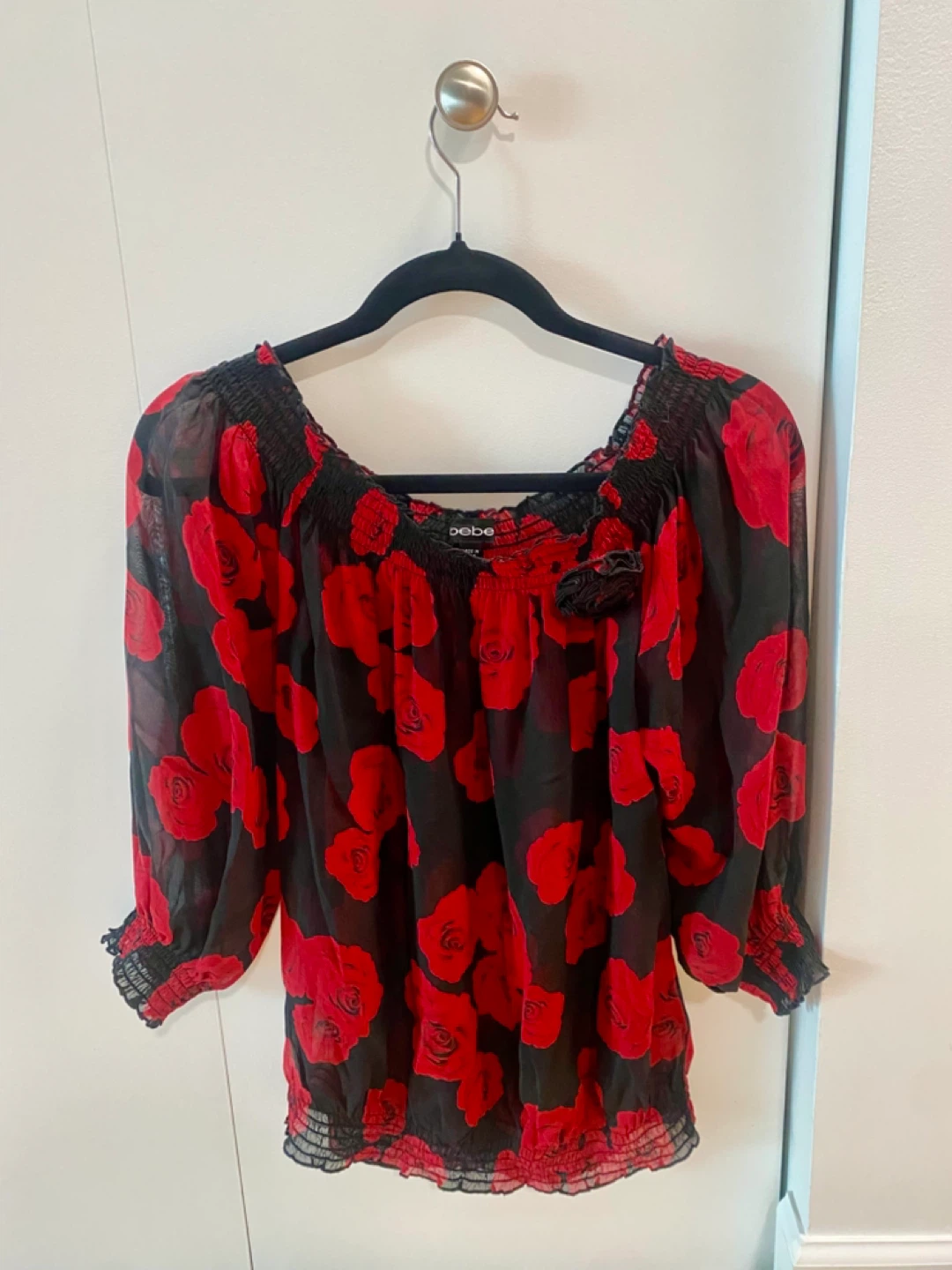 Bebe Black & Red Rose Print Sheer Blouse XS