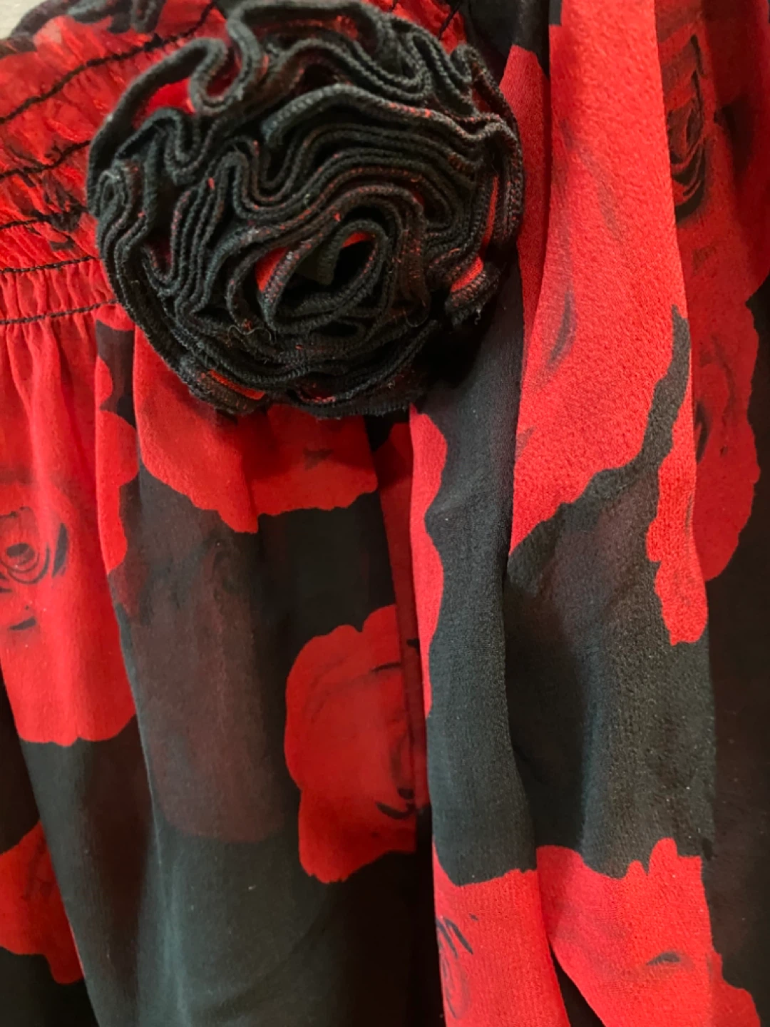 Bebe Black & Red Rose Print Sheer Blouse XS - photo 2