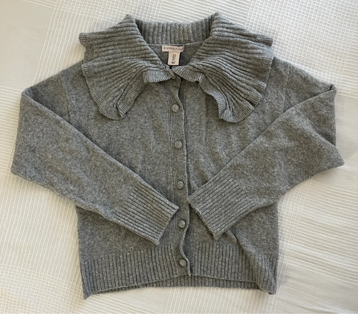 Sincerely Jules Grey Cardigan with Ruffled Collar