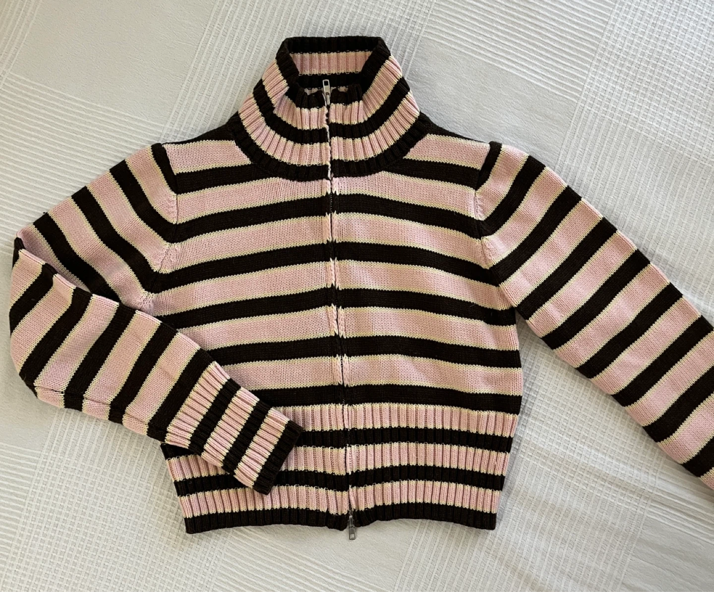 Pink and Brown Striped Zip-Up Sweater