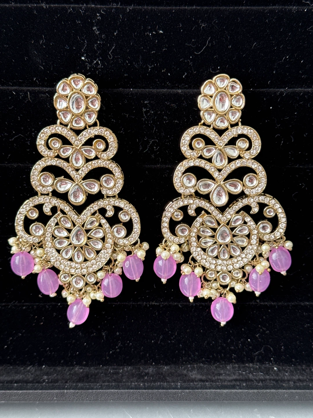 Ornate Drop Earrings with Pink Beads and Crystals