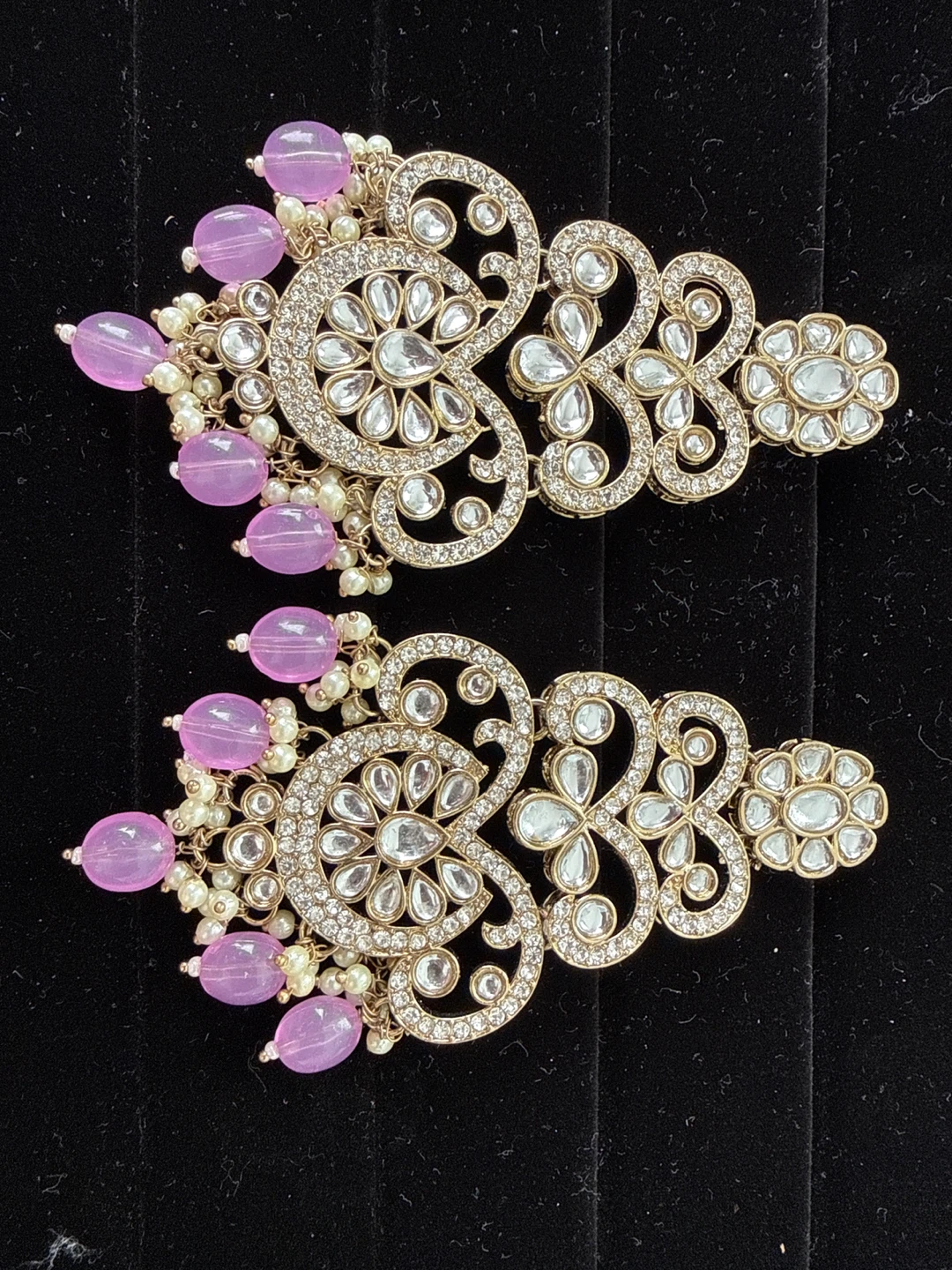 Ornate Drop Earrings with Pink Beads and Crystals - photo 2