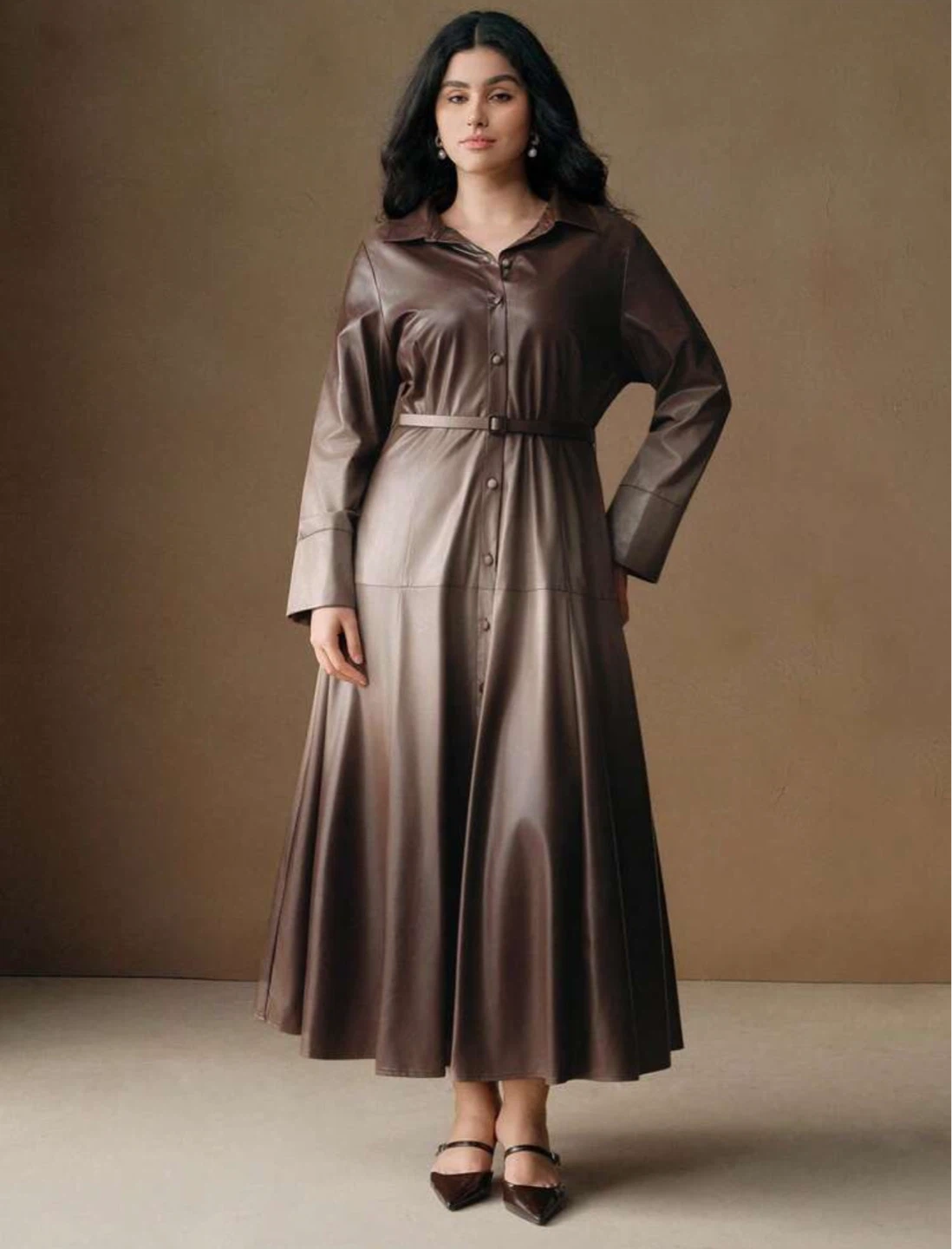 Brand New Brown Faux Leather Button-Up Maxi Dress with Belt