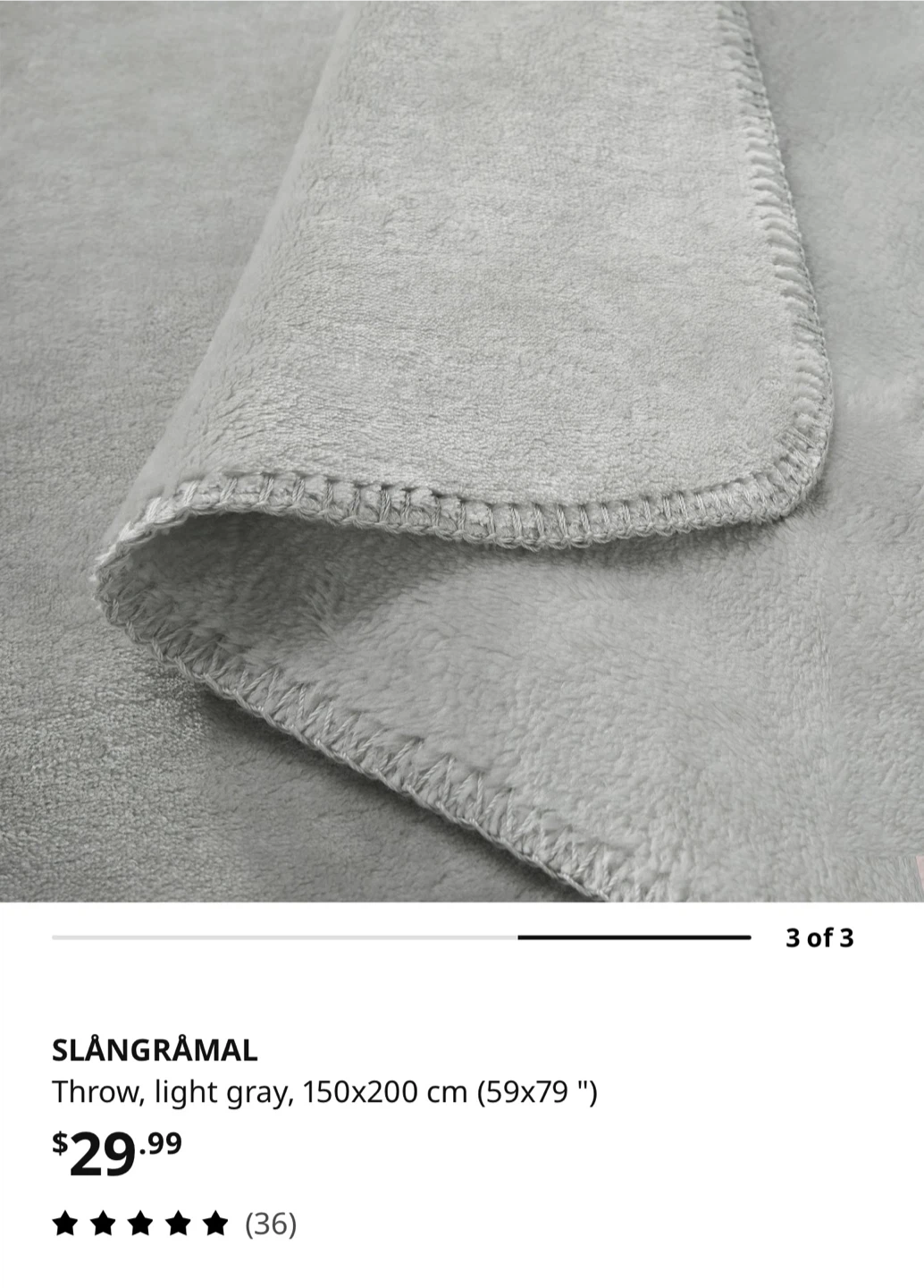 IKEA SLÄNGMÅL Throw Blanket Light Gray 150x200 cm
