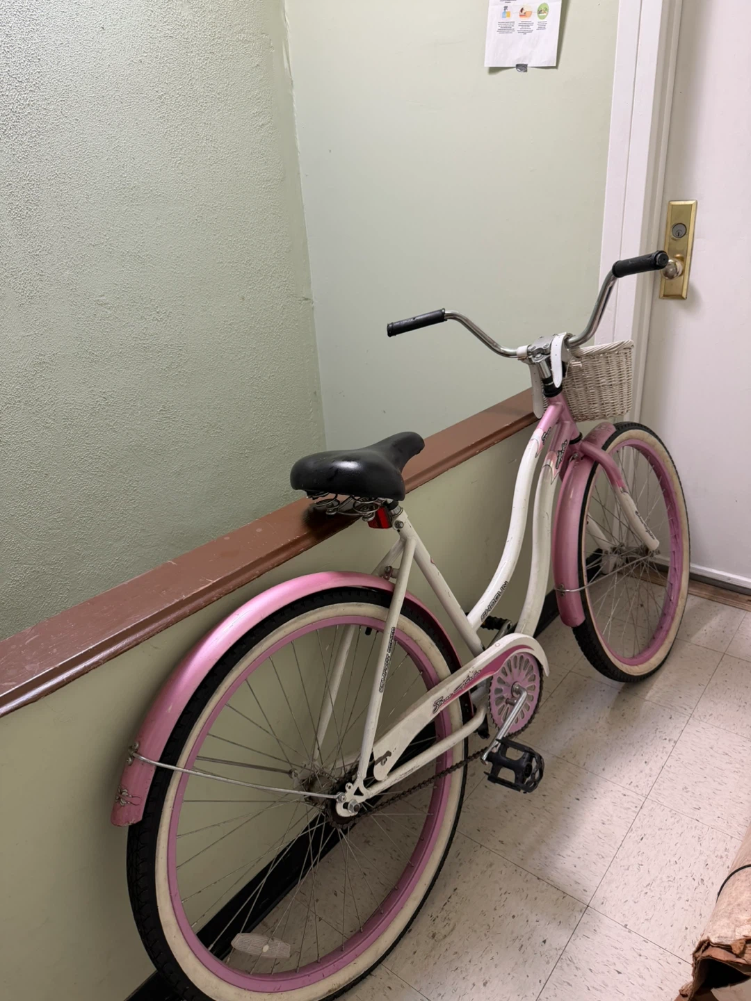 Huffy Pink and White Cruiser Bicycle with Basket