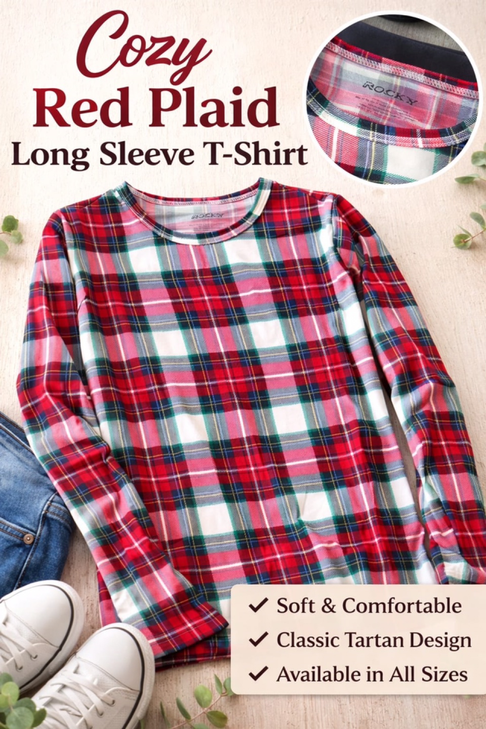 Rocky Red Plaid Long Sleeve T-Shirt - photo 2