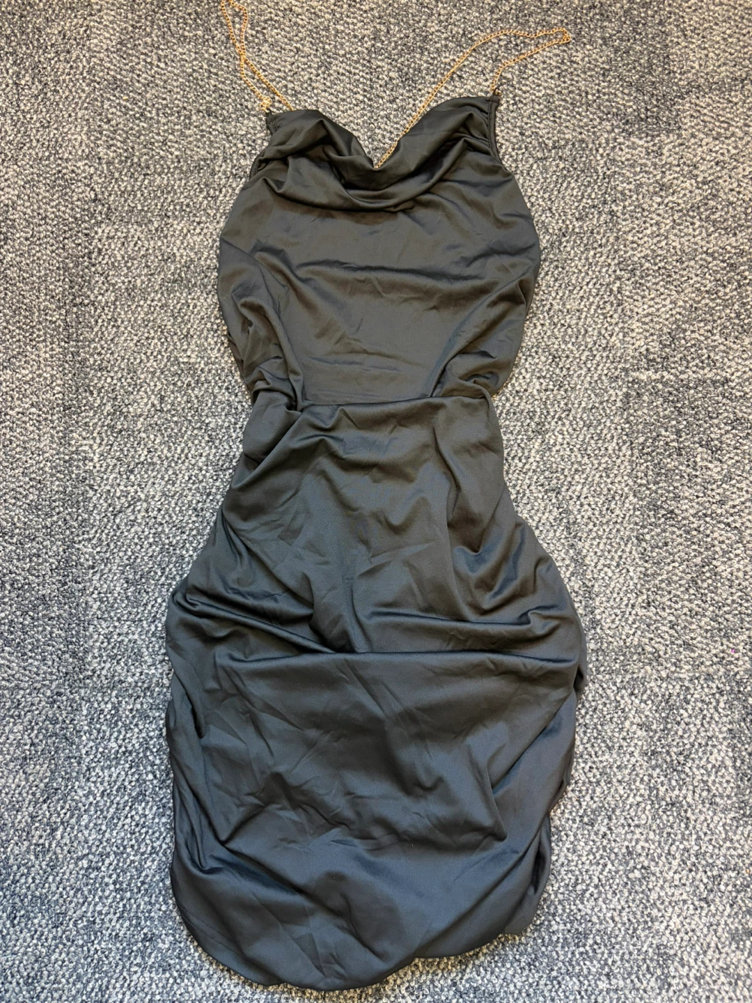 Black Ruched Halter Neck Dress with Gold Chain Detail