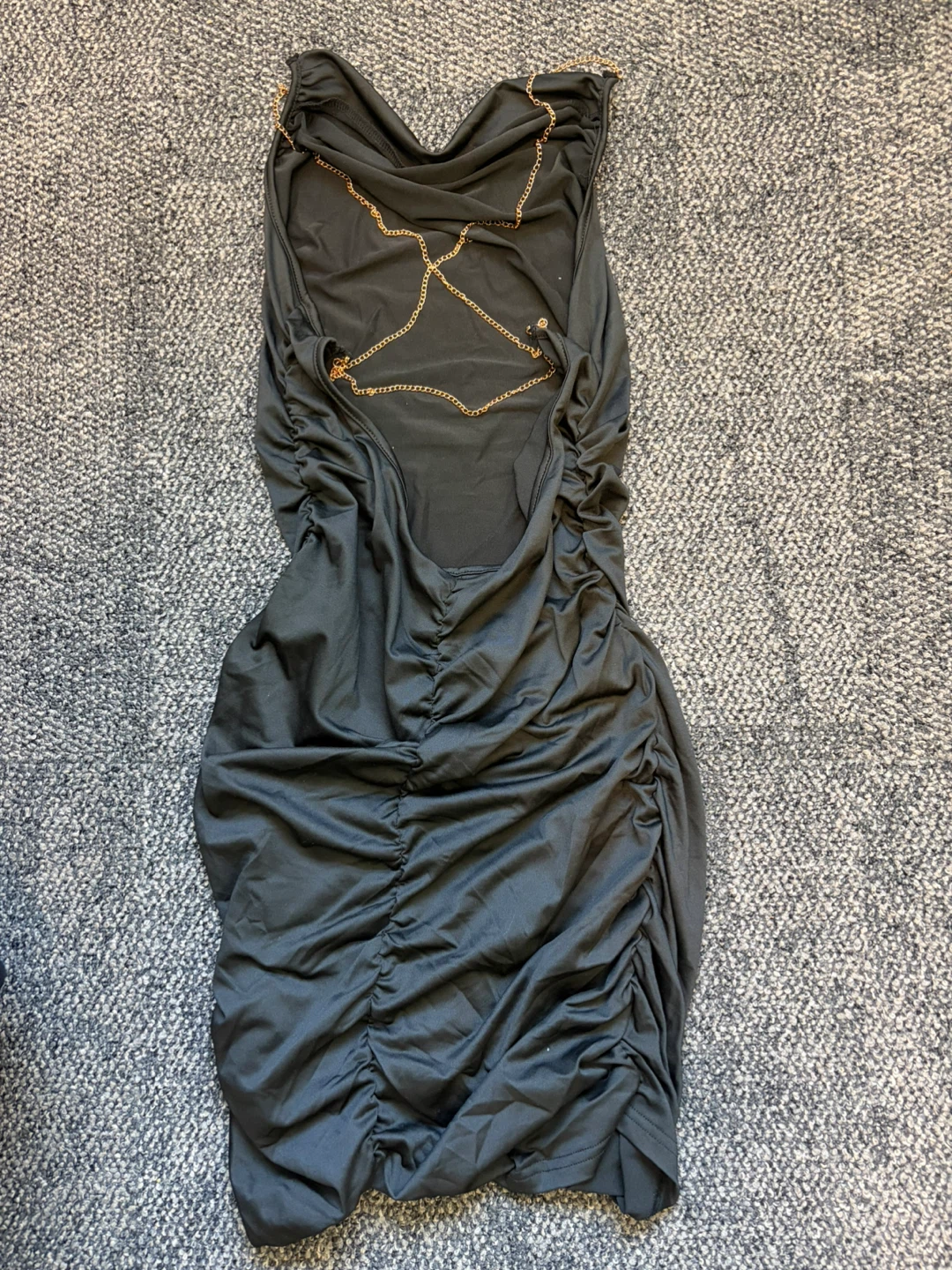 Black Ruched Halter Neck Dress with Gold Chain Detail - photo 2
