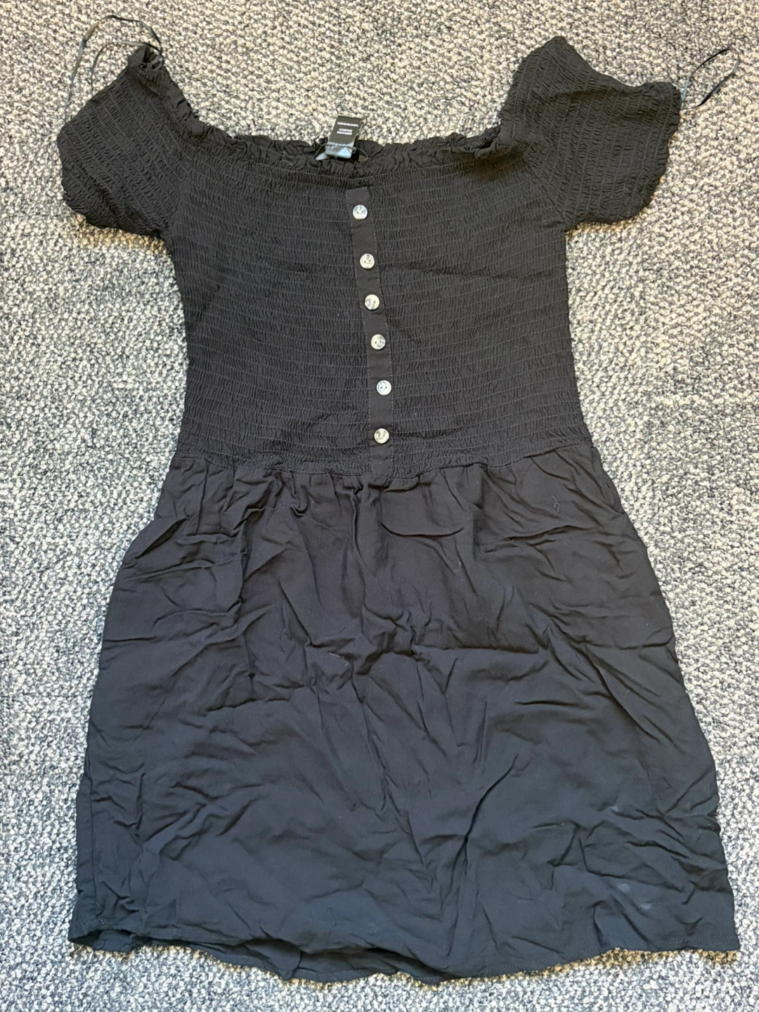 Black Smocked Off-the-Shoulder Dress