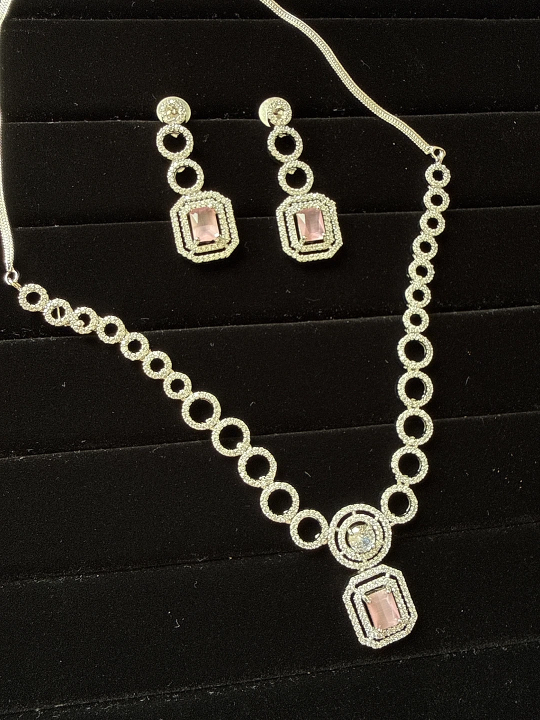 Silver-tone Necklace and Earring Set with Pink Gemstones - photo 2