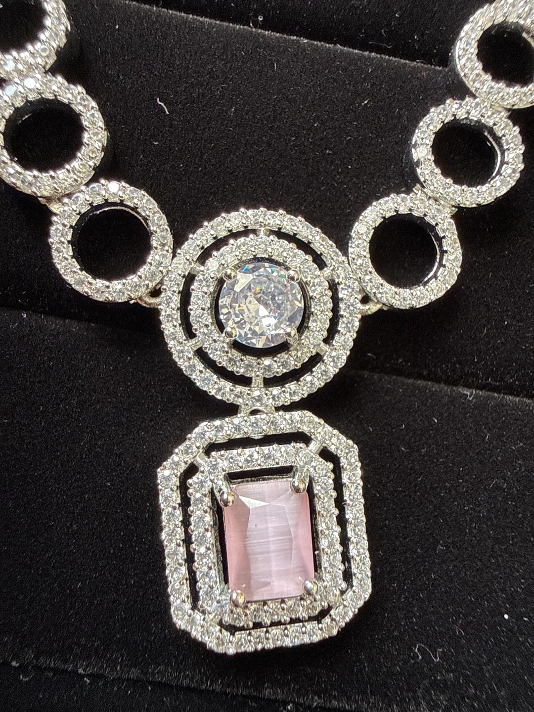 Silver-tone Necklace and Earring Set with Pink Gemstones
