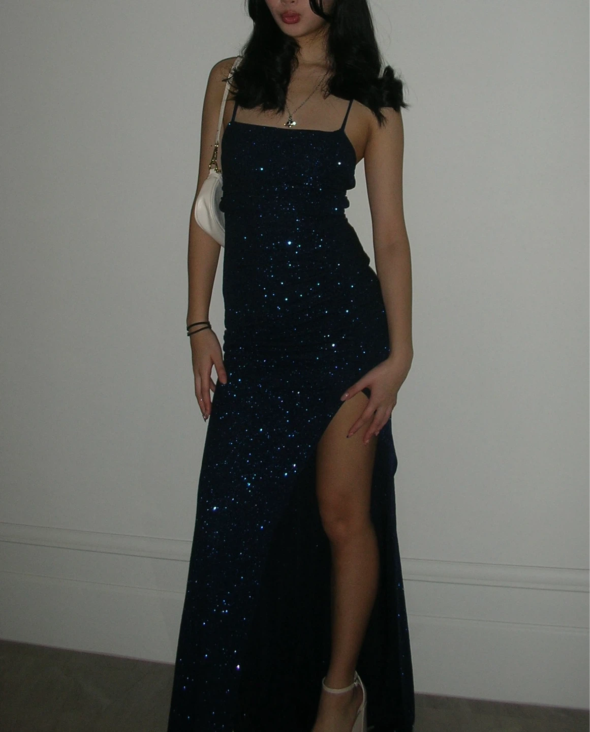 Sparkly Navy Blue Spaghetti Strap Prom Dress