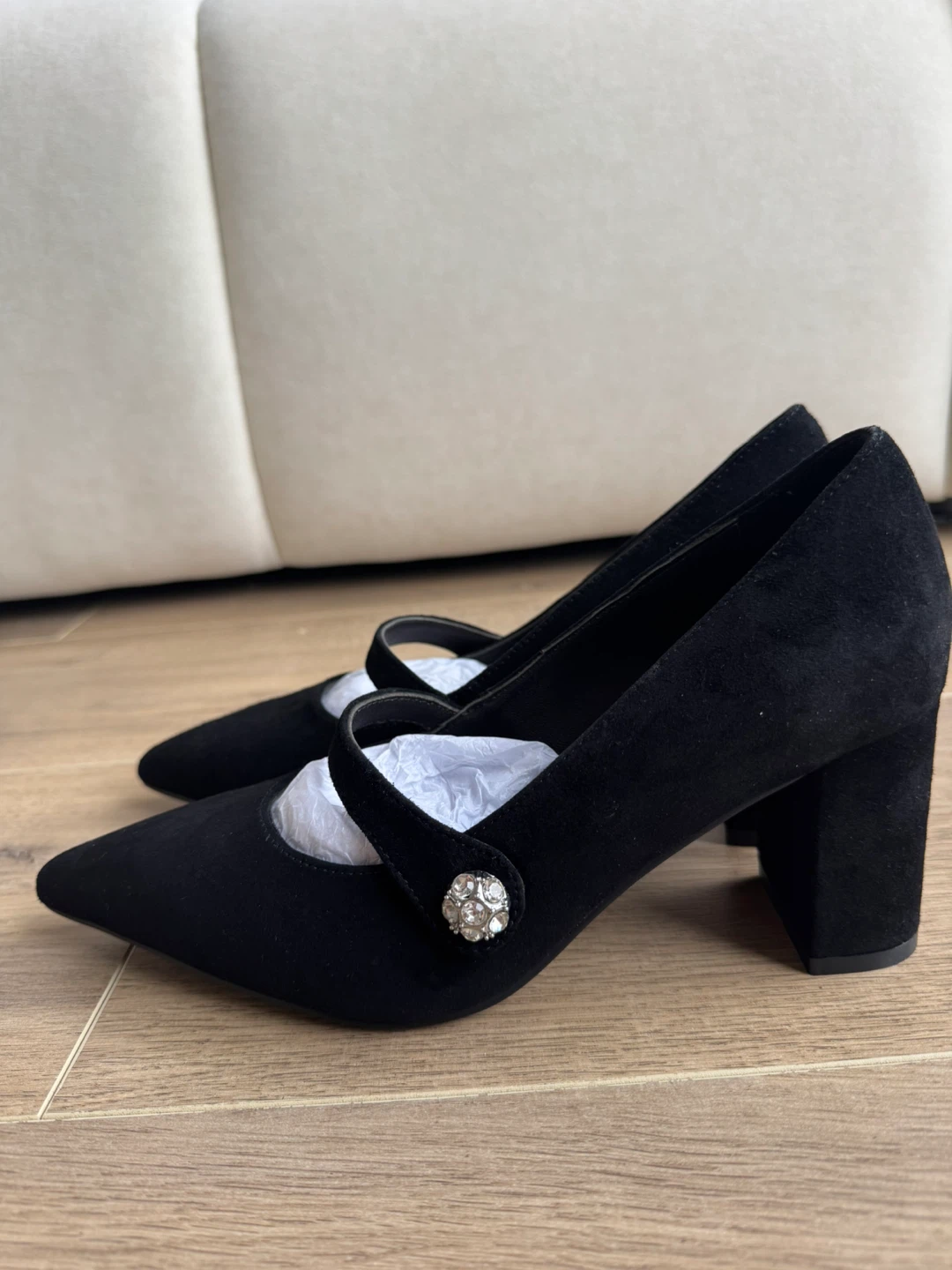 SW Black Suede Mary Jane Heels with Crystal Embellishment - photo 2